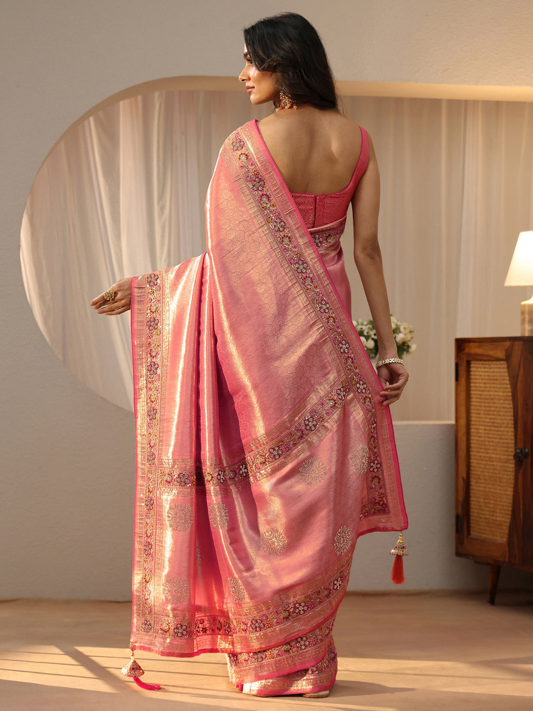  Libas Art Peach Silk Blend Saree with Woven Border 