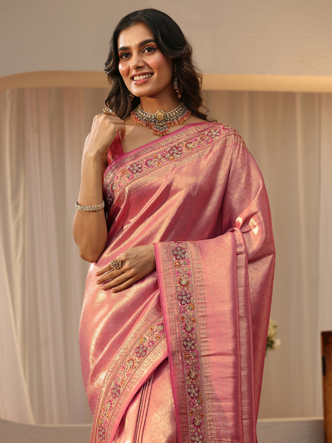  Libas Art Peach Silk Blend Saree with Woven Border 