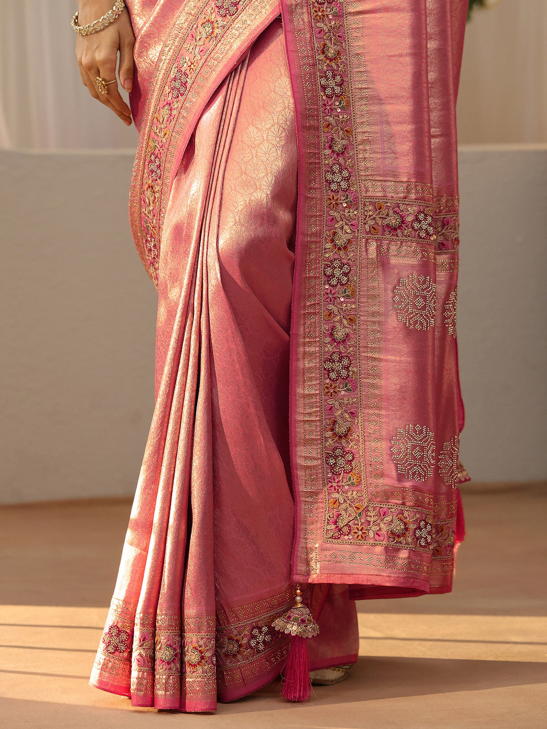  Libas Art Peach Silk Blend Saree with Woven Border 
