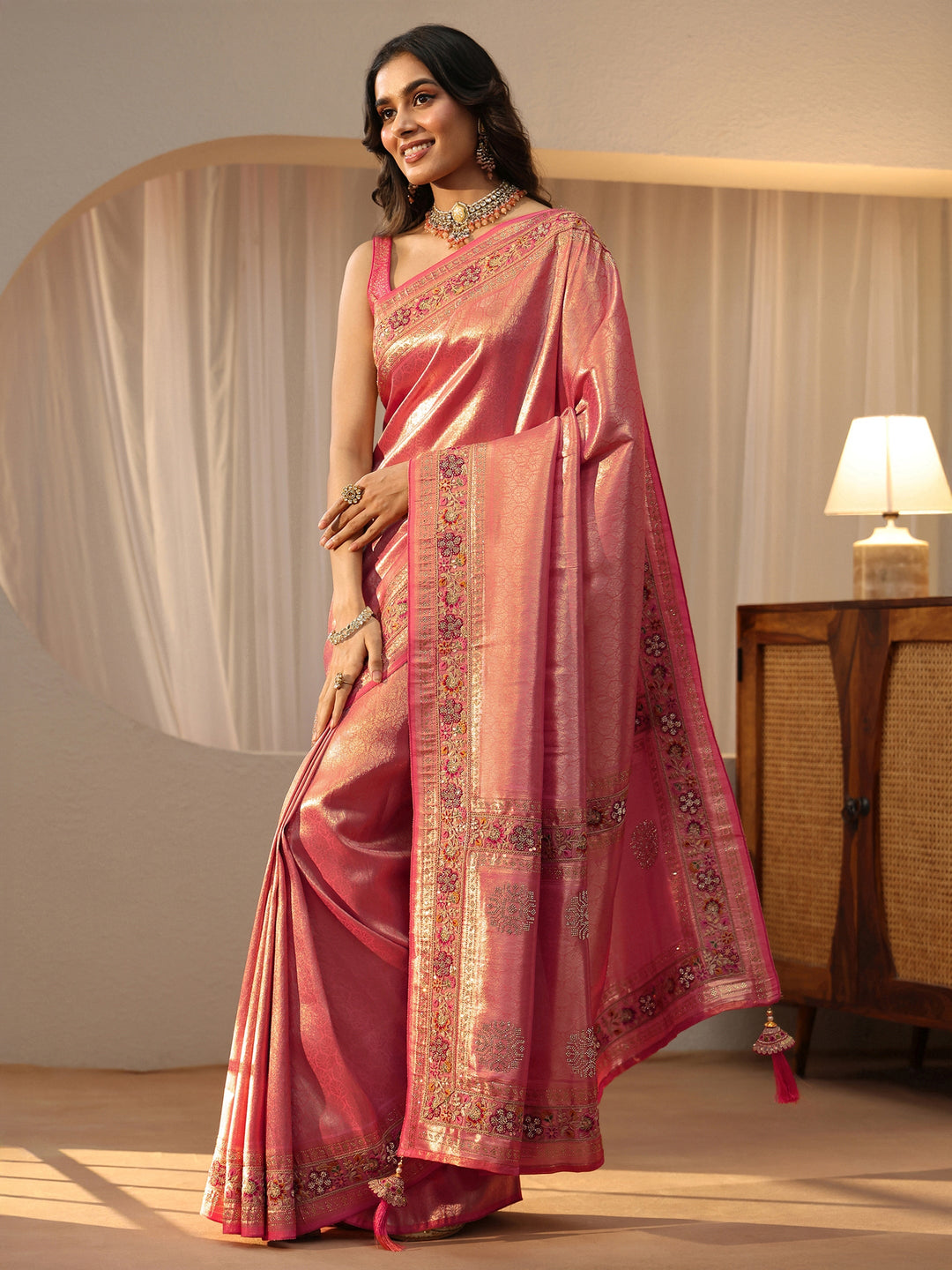  Libas Art Peach Silk Blend Saree with Woven Border 
