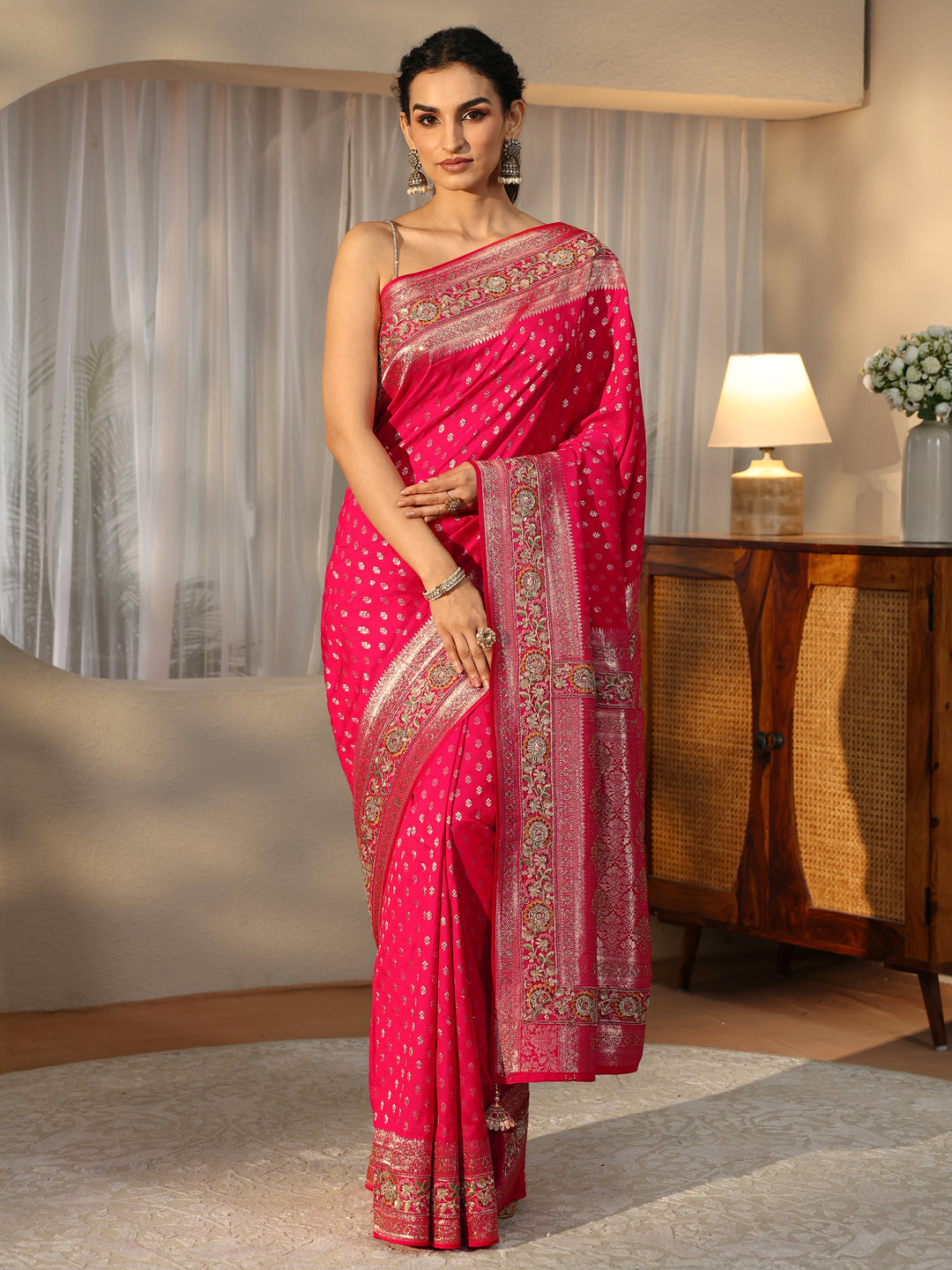  Libas Art Rani Pink Silk Blend Saree with Woven Border 