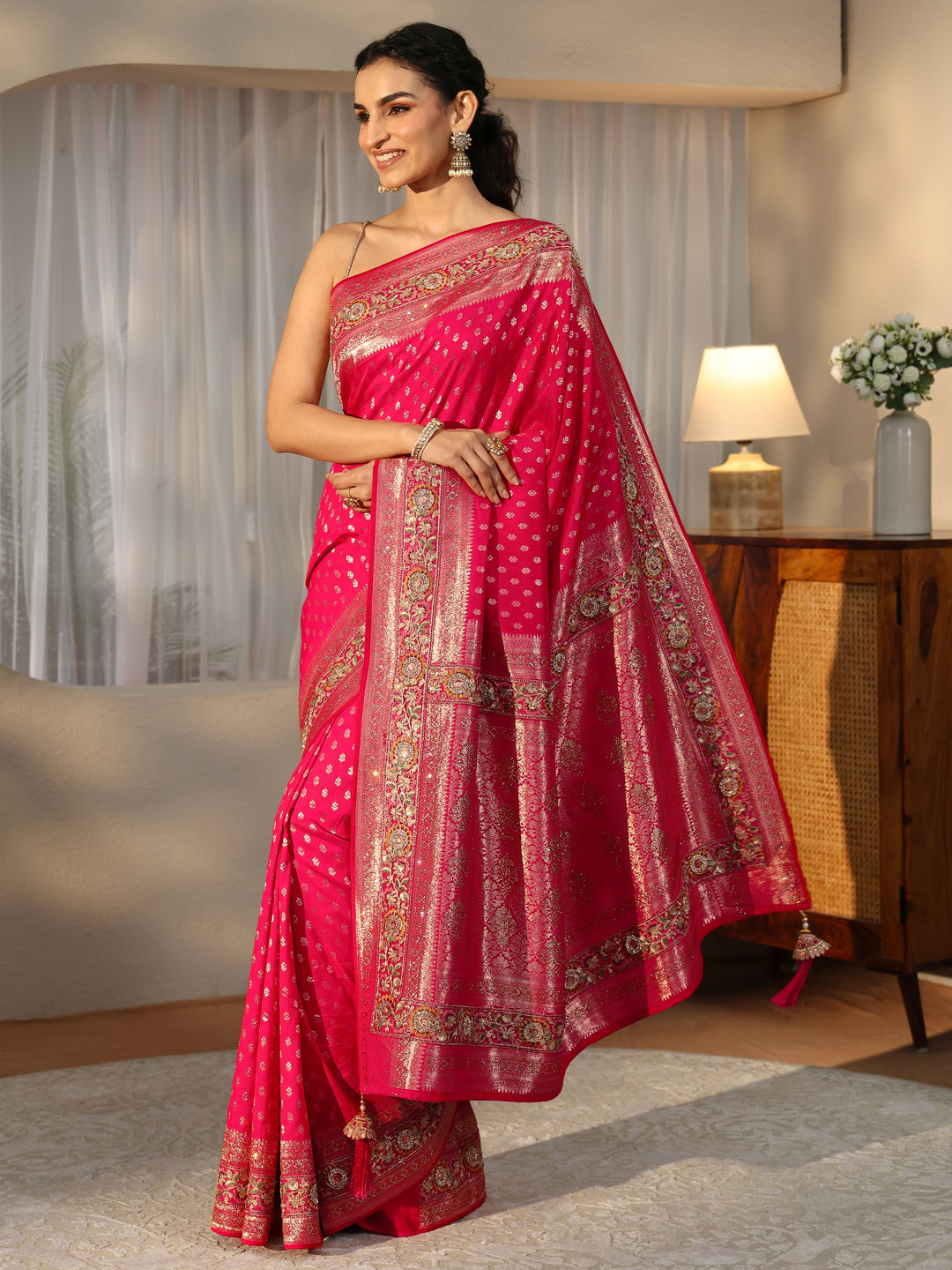  Libas Art Rani Pink Silk Blend Saree with Woven Border 