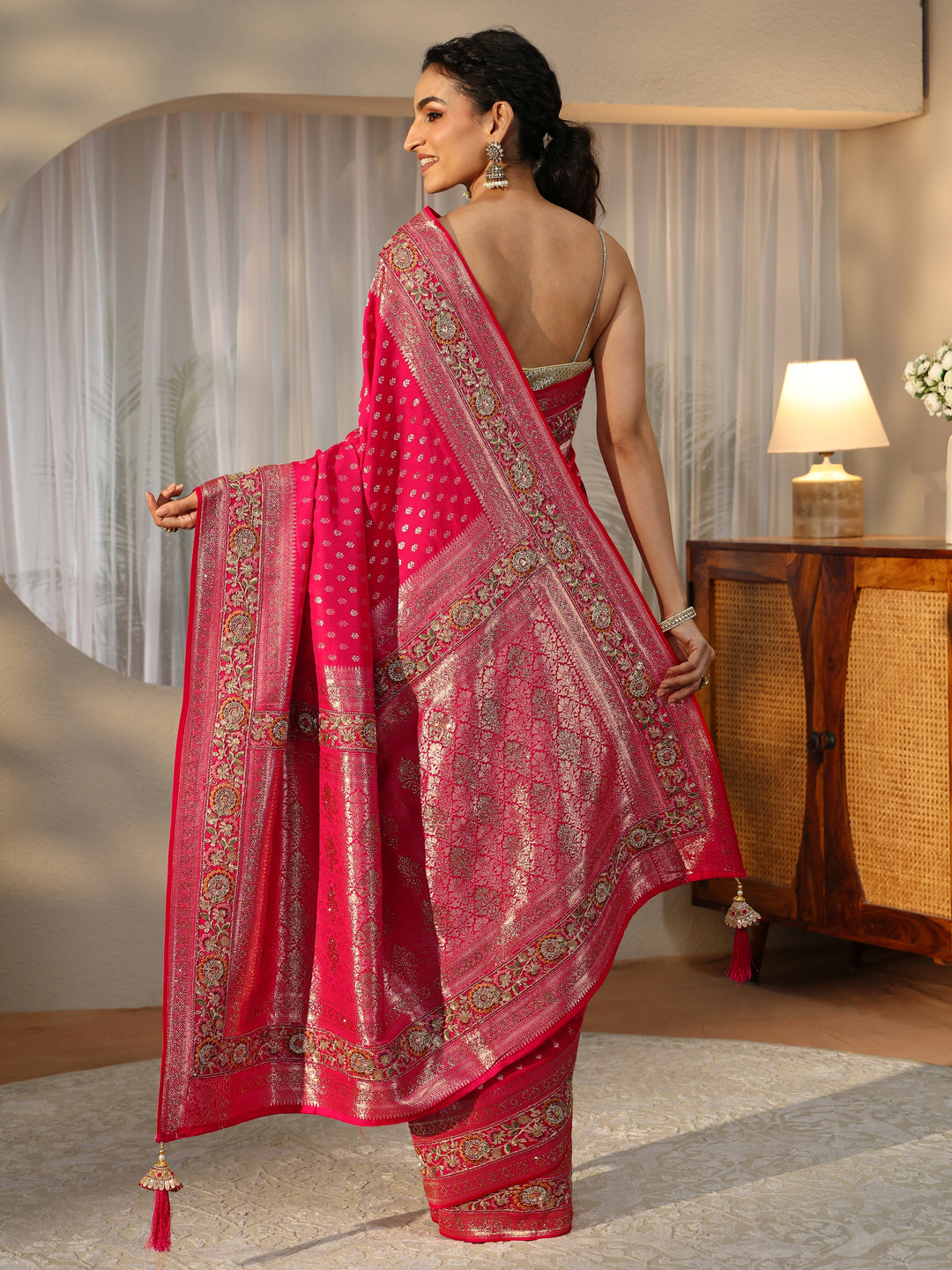  Libas Art Rani Pink Silk Blend Saree with Woven Border 