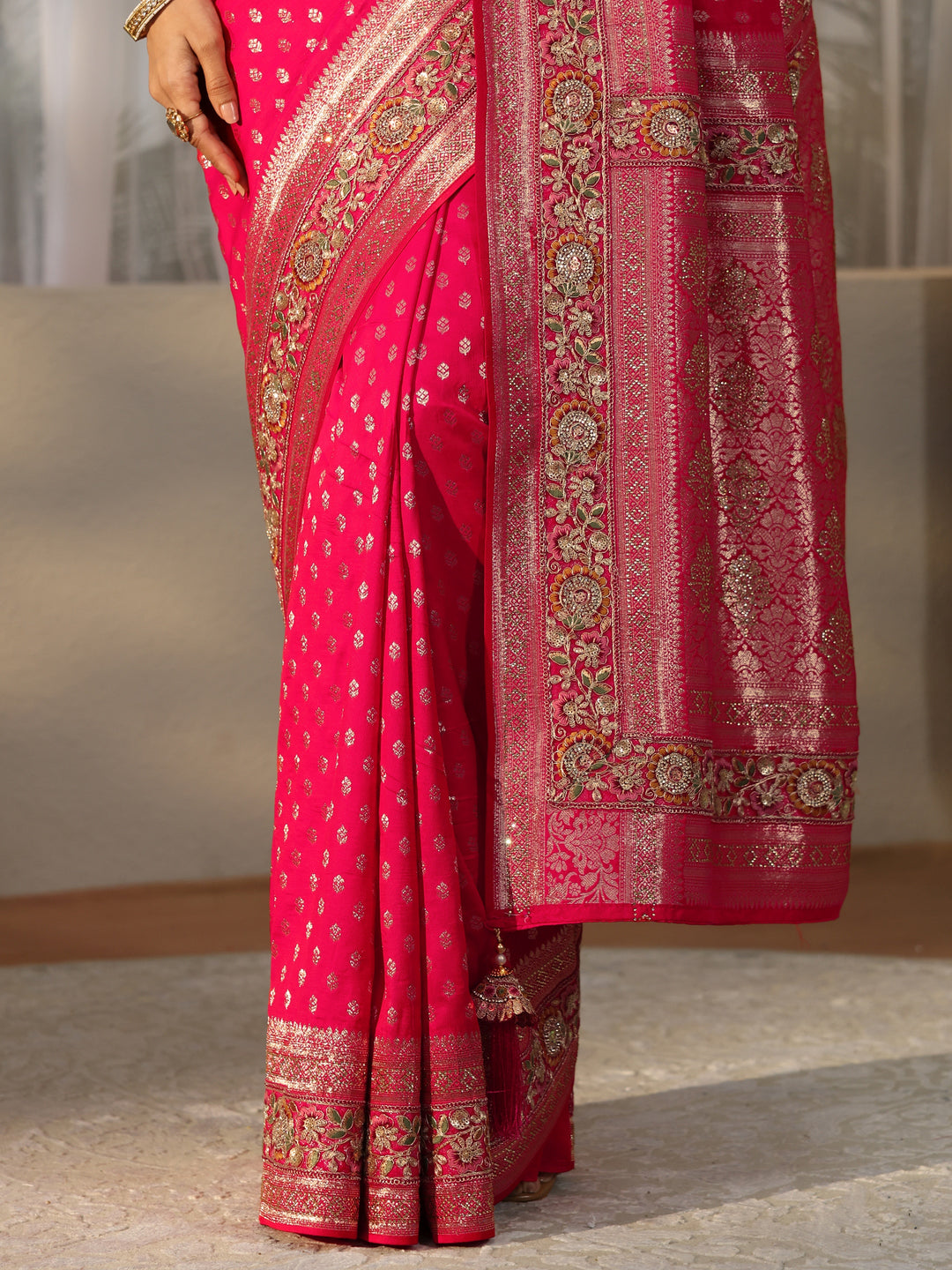  Libas Art Rani Pink Silk Blend Saree with Woven Border 
