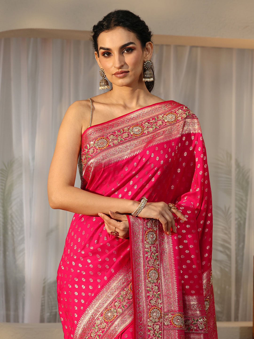  Libas Art Rani Pink Silk Blend Saree with Woven Border 