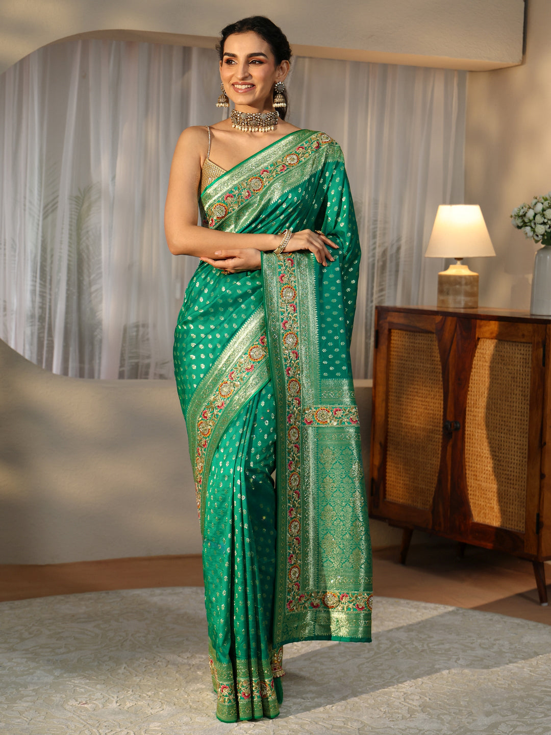  Libas Art Emerald Green Silk Blend Saree with Woven Border 