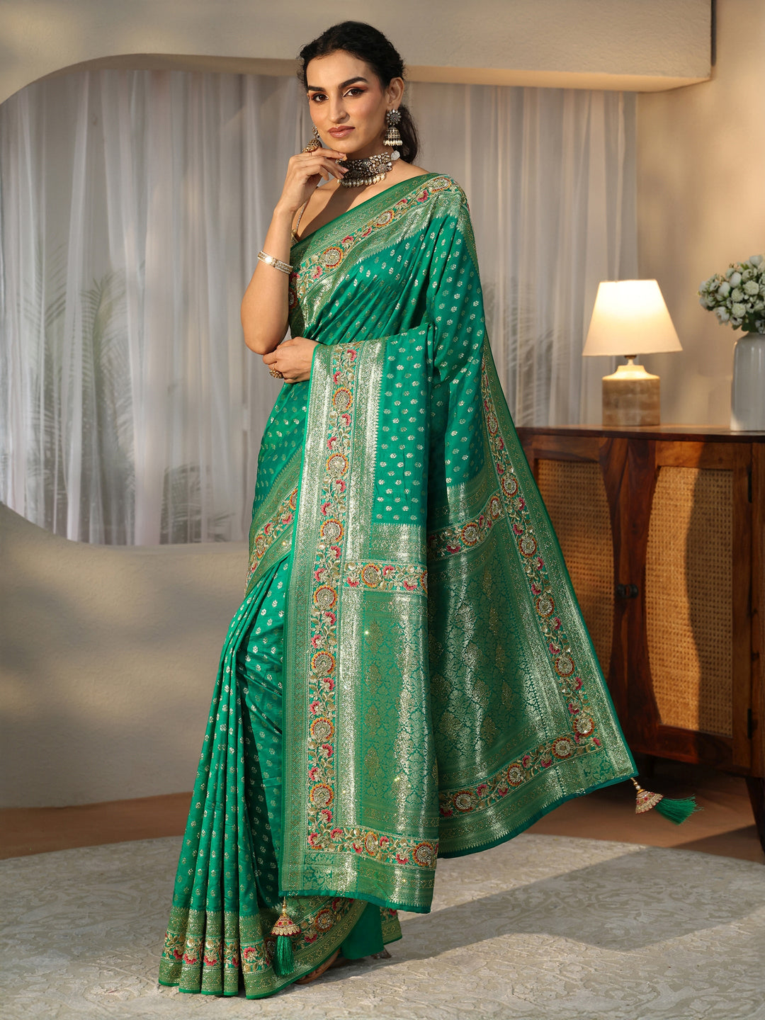  Libas Art Emerald Green Silk Blend Saree with Woven Border 