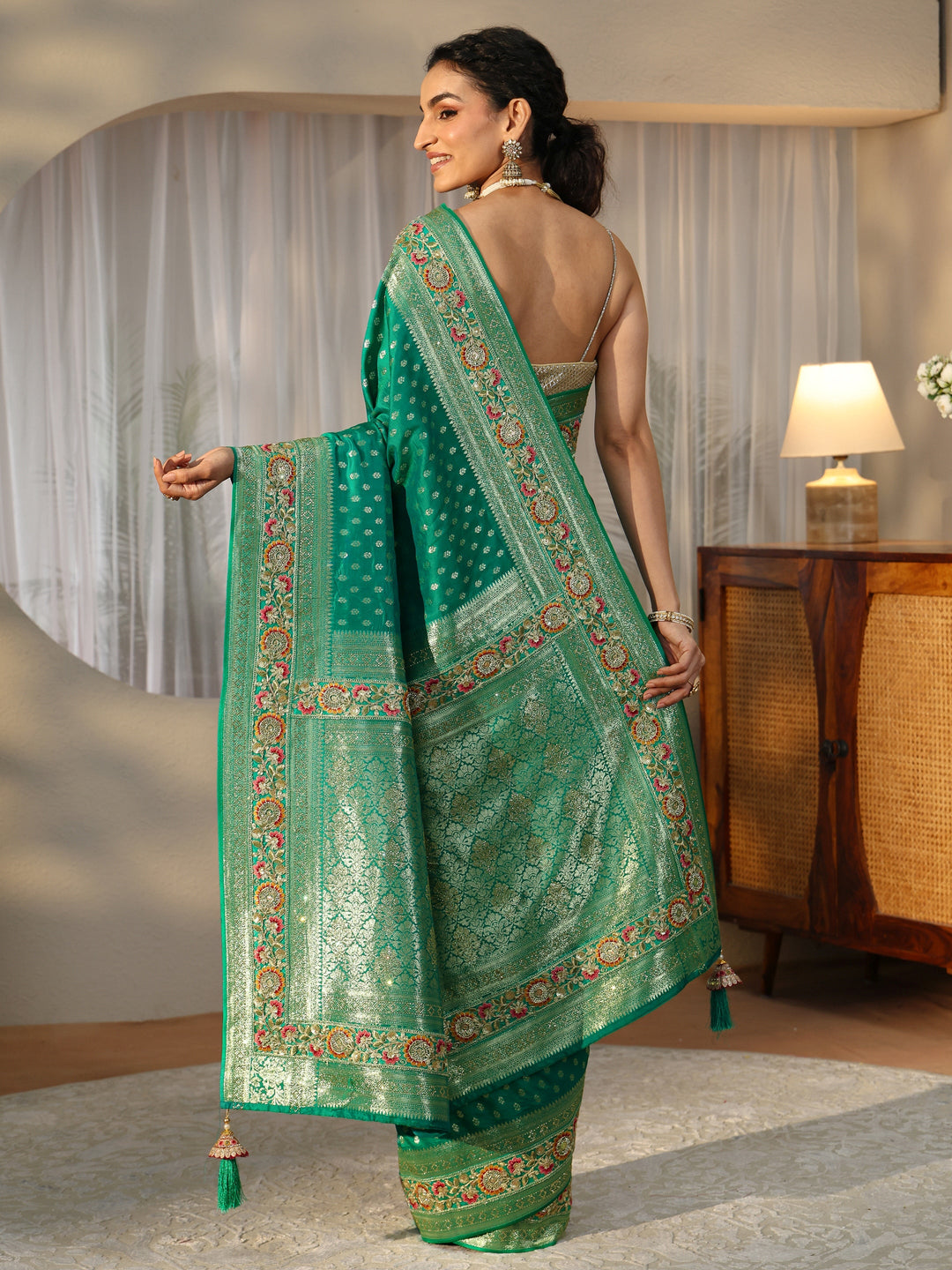  Libas Art Emerald Green Silk Blend Saree with Woven Border 