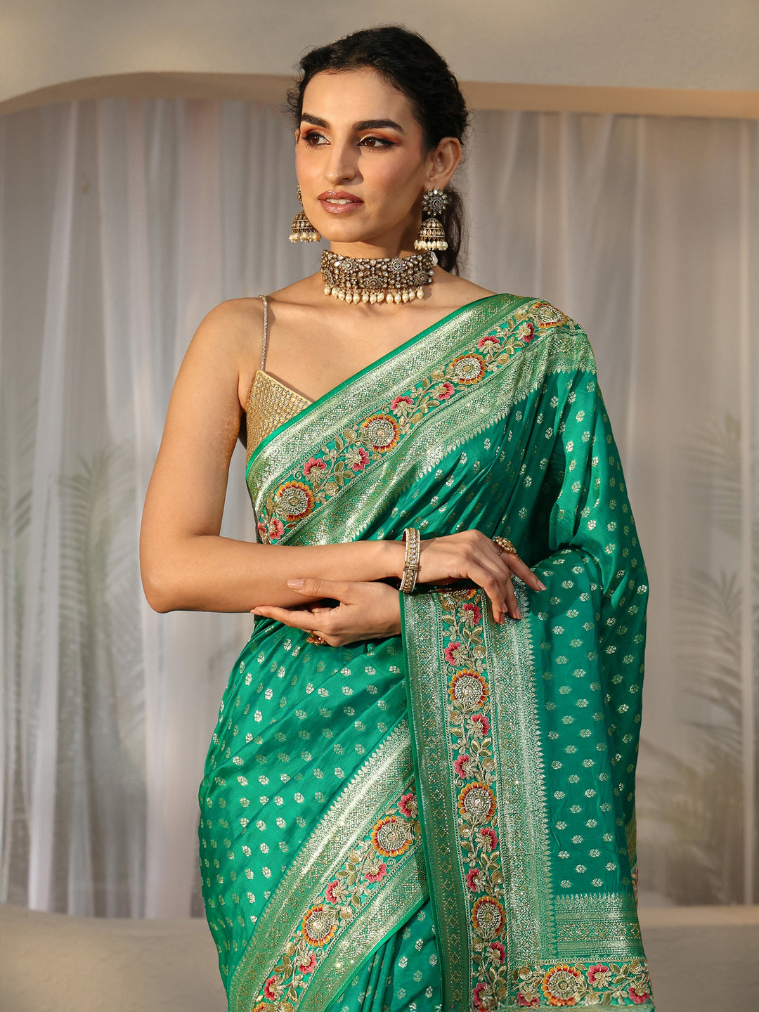  Libas Art Emerald Green Silk Blend Saree with Woven Border 