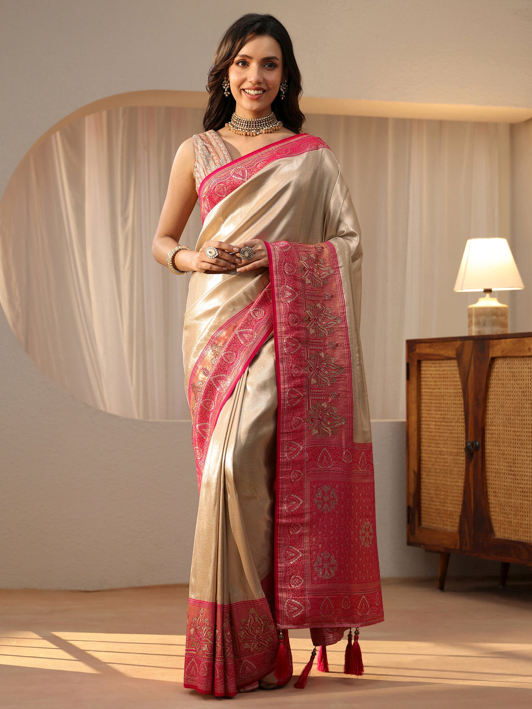  Gold Silk Blend Saree with Woven Border 