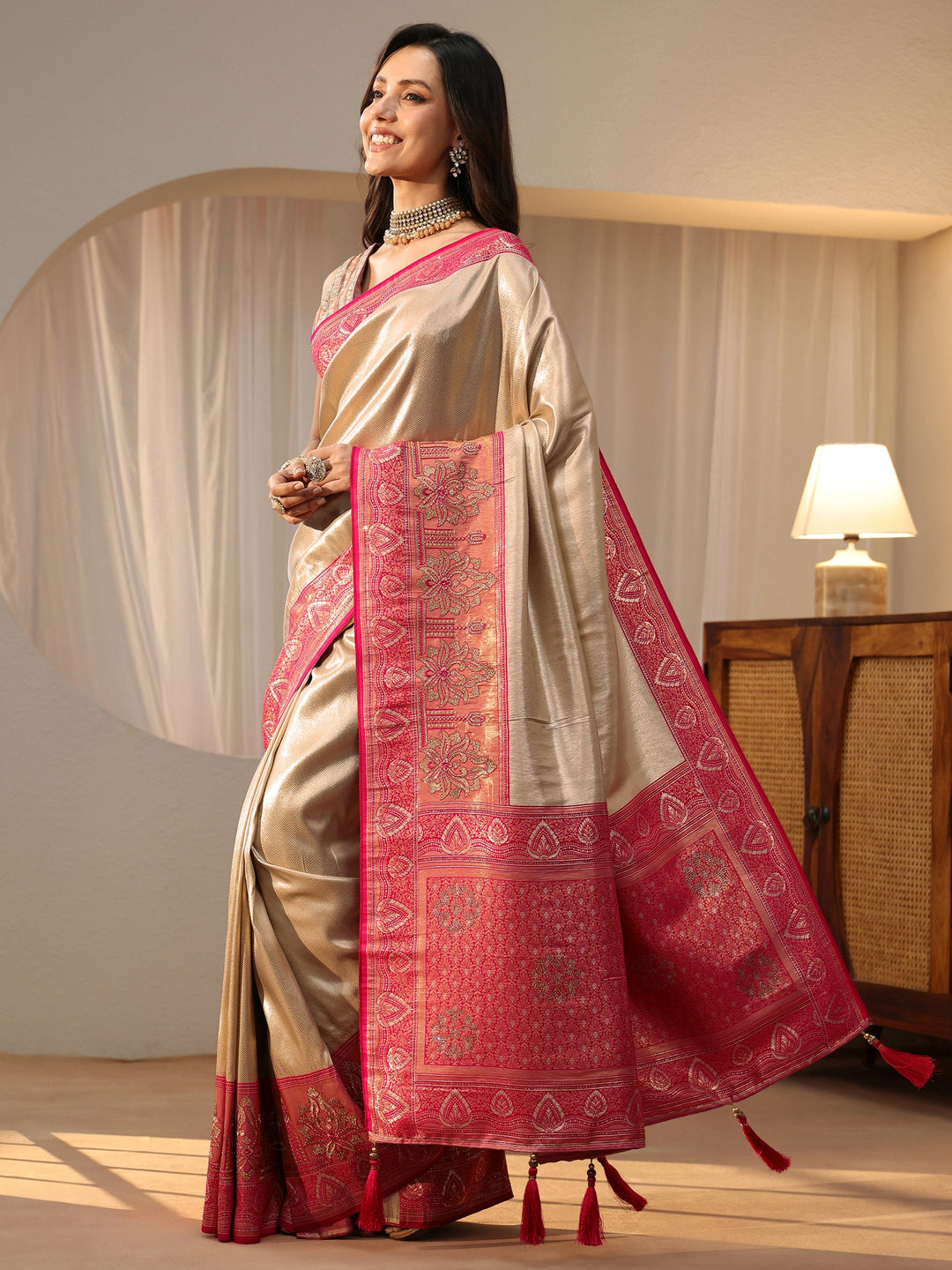  Gold Silk Blend Saree with Woven Border 