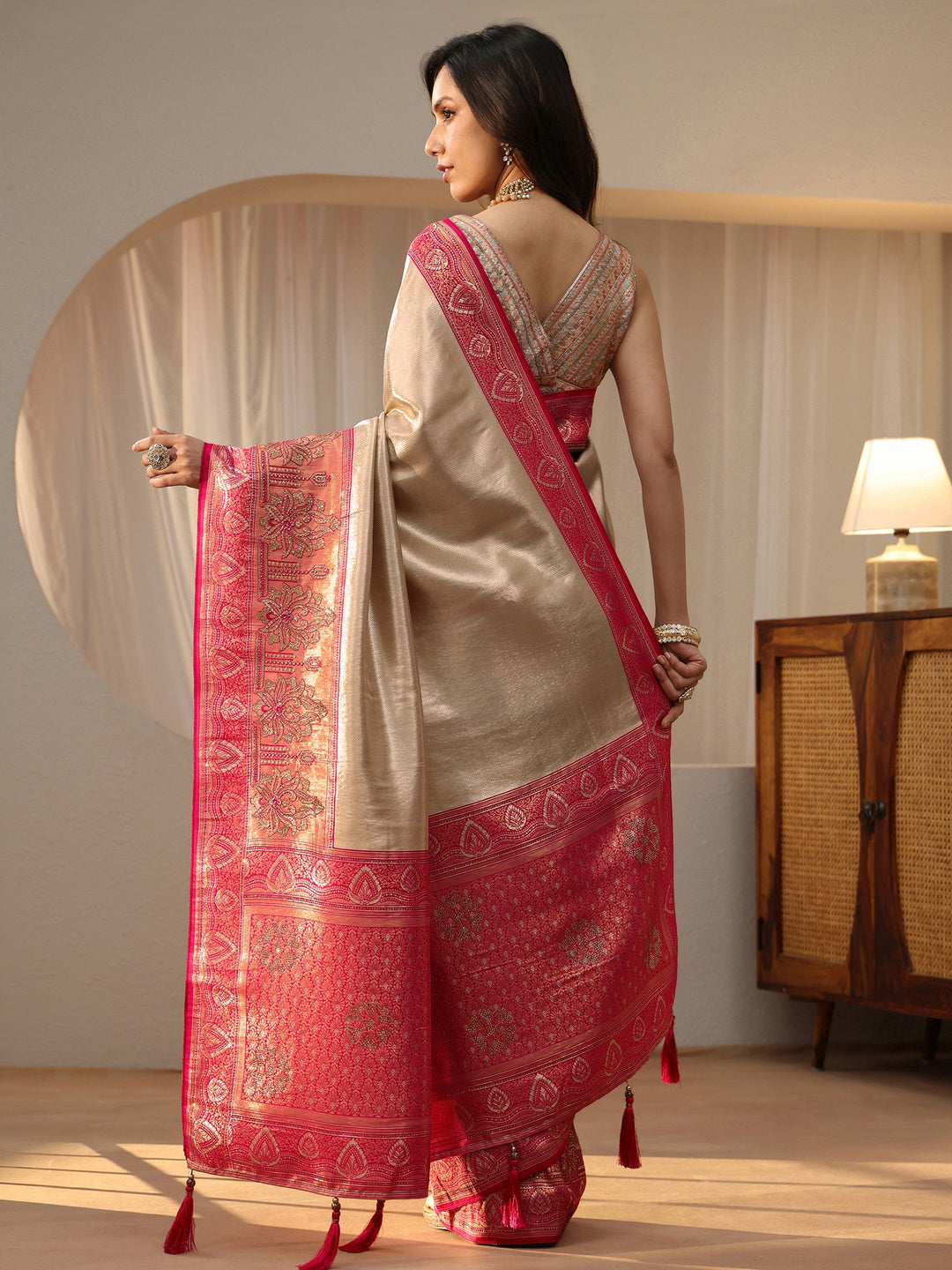  Gold Silk Blend Saree with Woven Border 