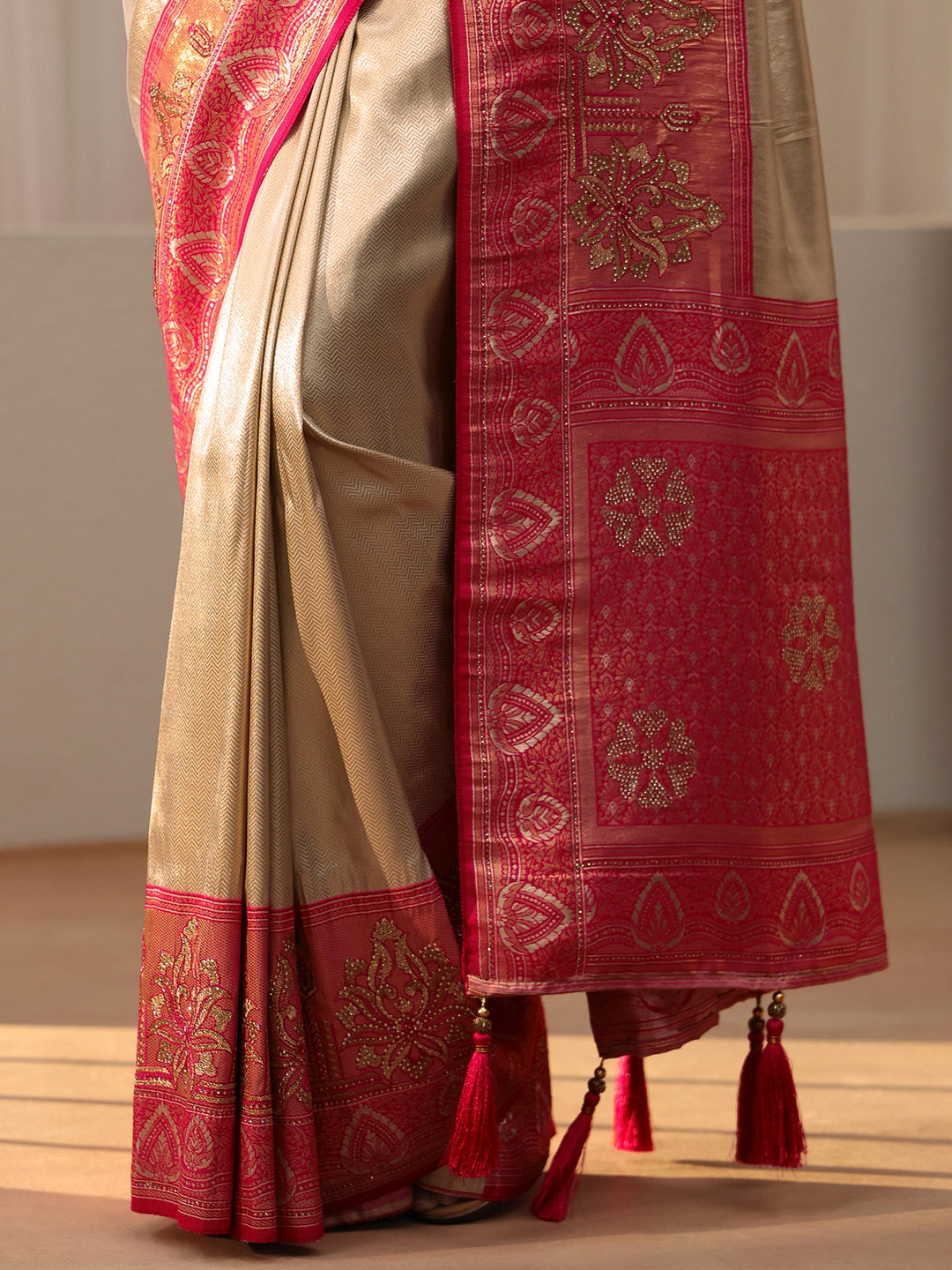  Gold Silk Blend Saree with Woven Border 