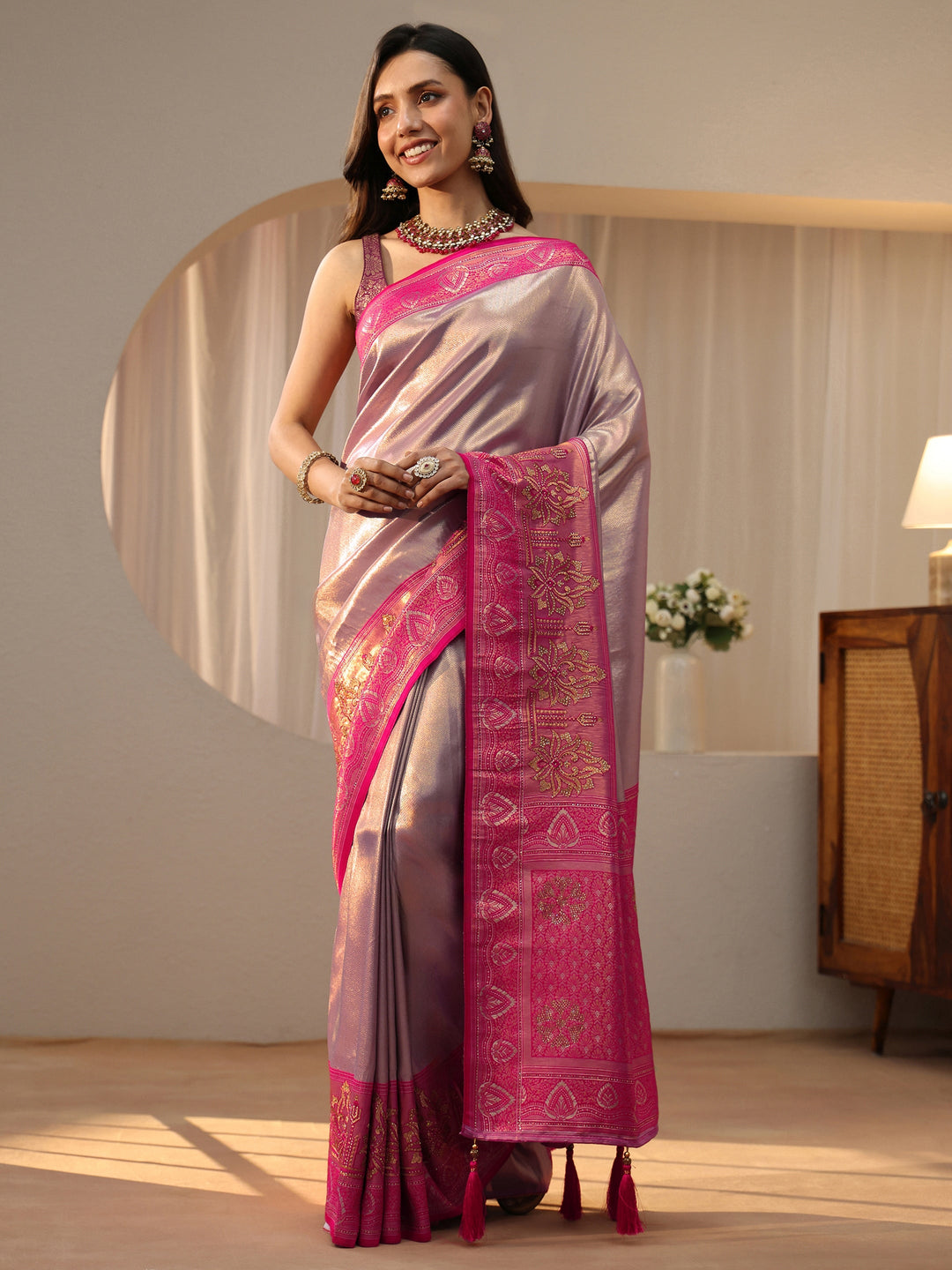  Lavender Silk Blend Saree with Woven Border 