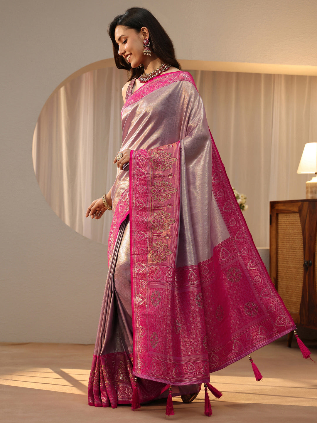  Lavender Silk Blend Saree with Woven Border 