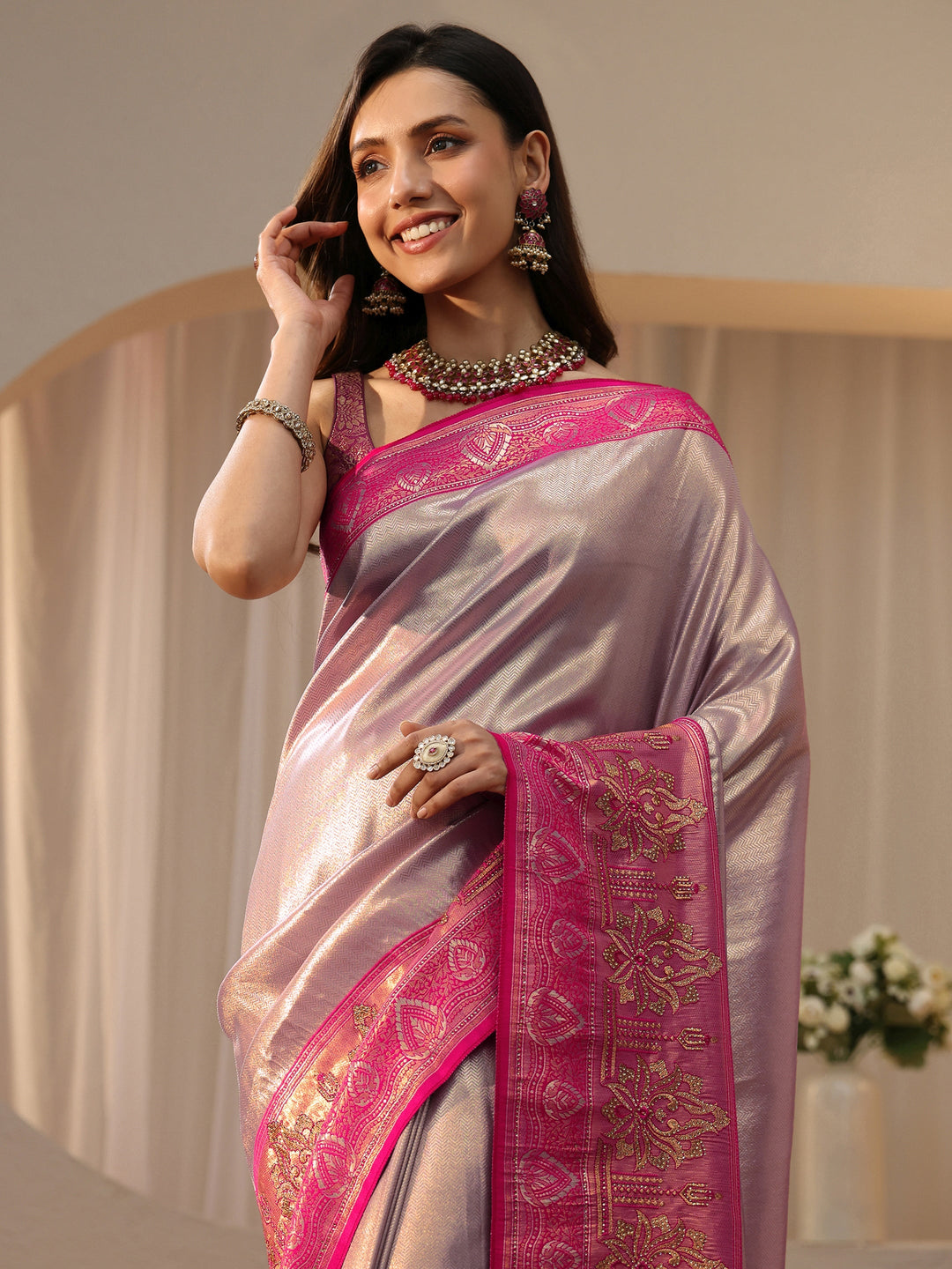 Lavender Silk Blend Saree with Woven Border 