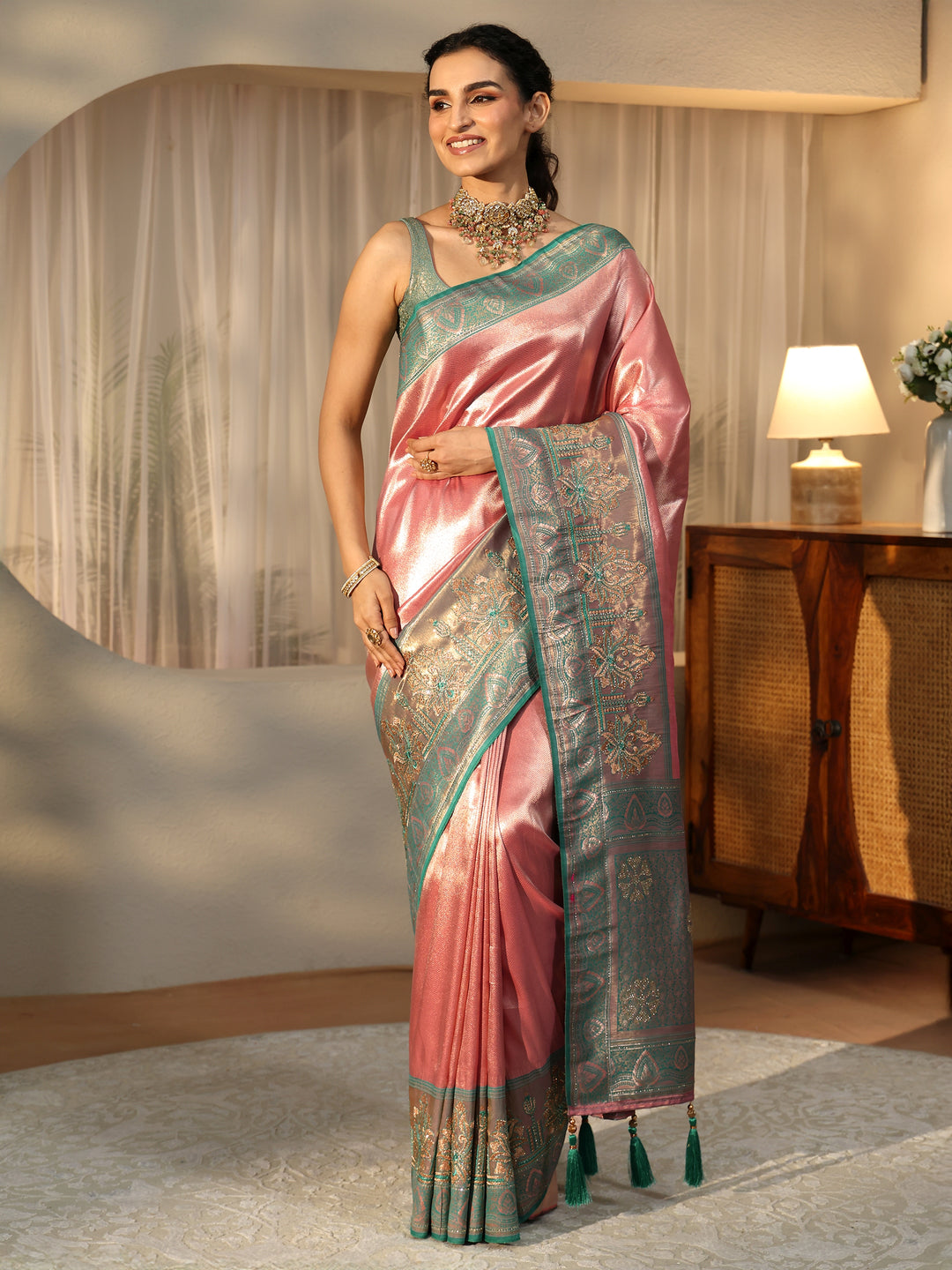  Peach Silk Blend Saree with Woven Border 