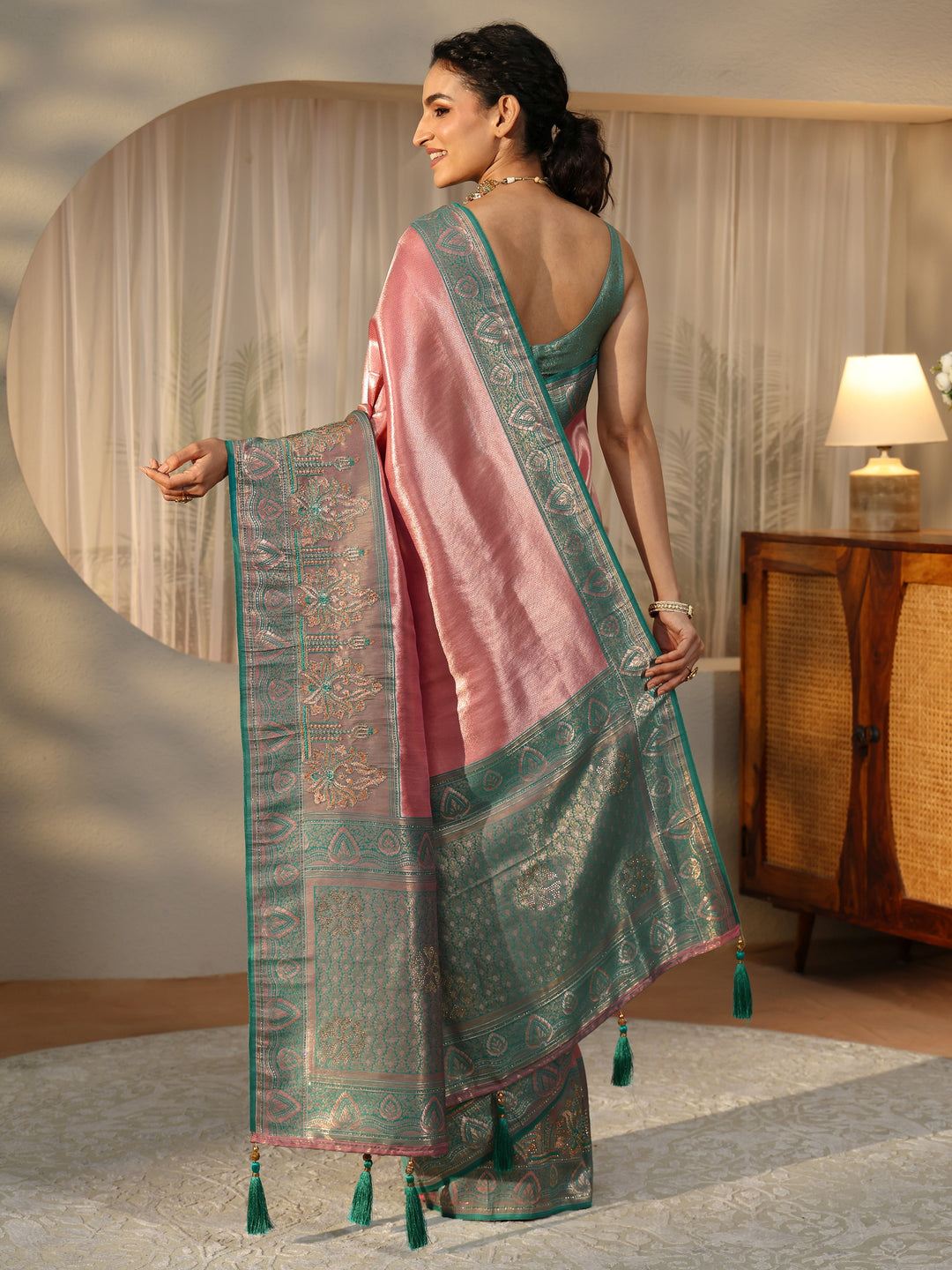  Peach Silk Blend Saree with Woven Border 