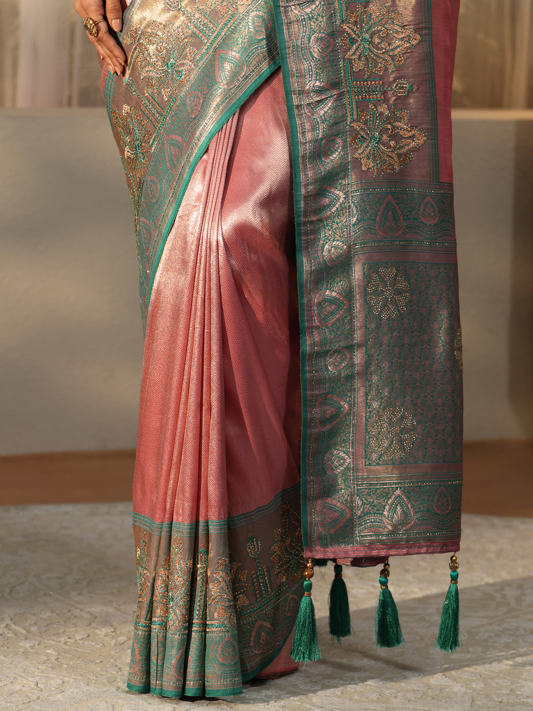  Peach Silk Blend Saree with Woven Border 