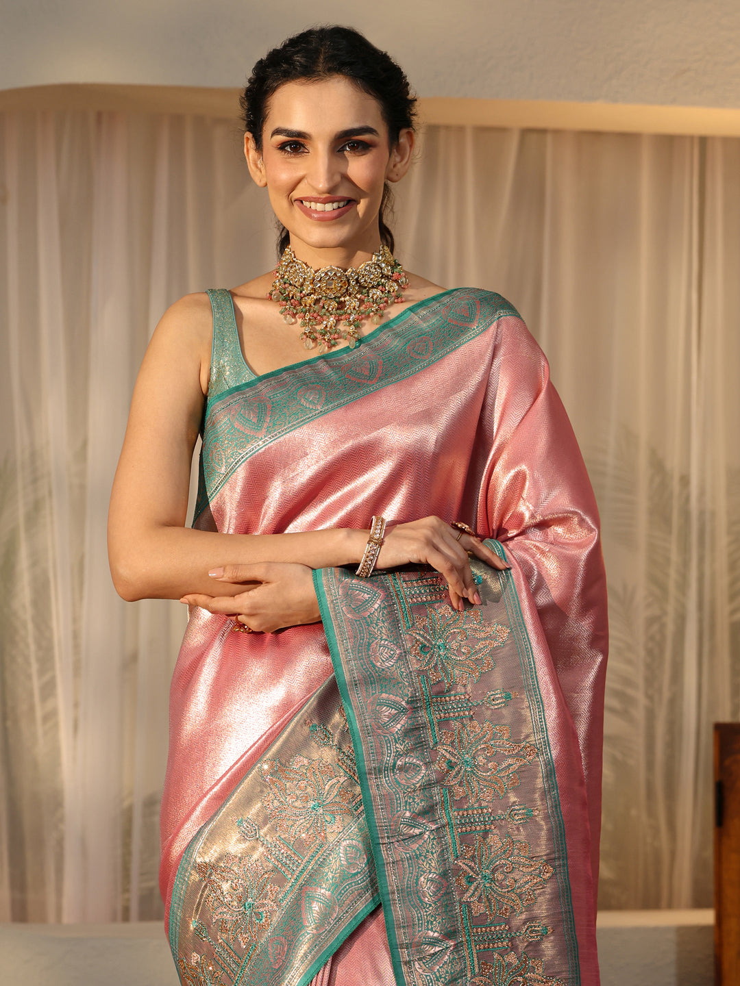  Peach Silk Blend Saree with Woven Border 