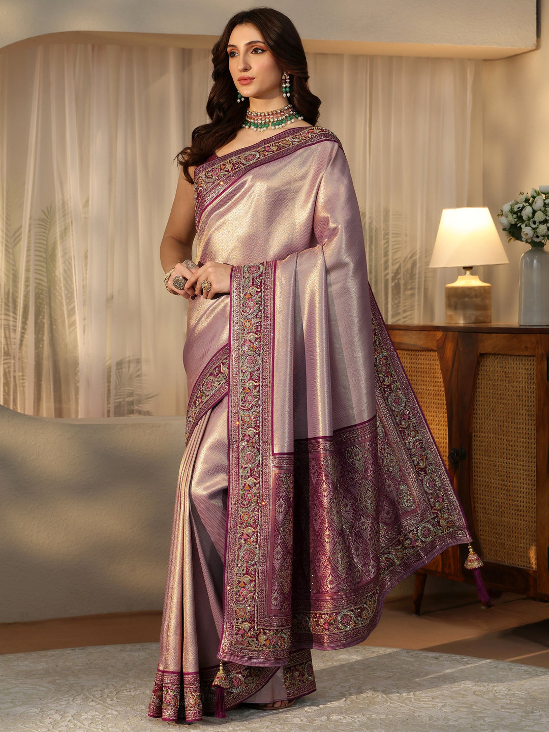  Libas Art Lavender Silk Blend Saree with Embroidered Border 