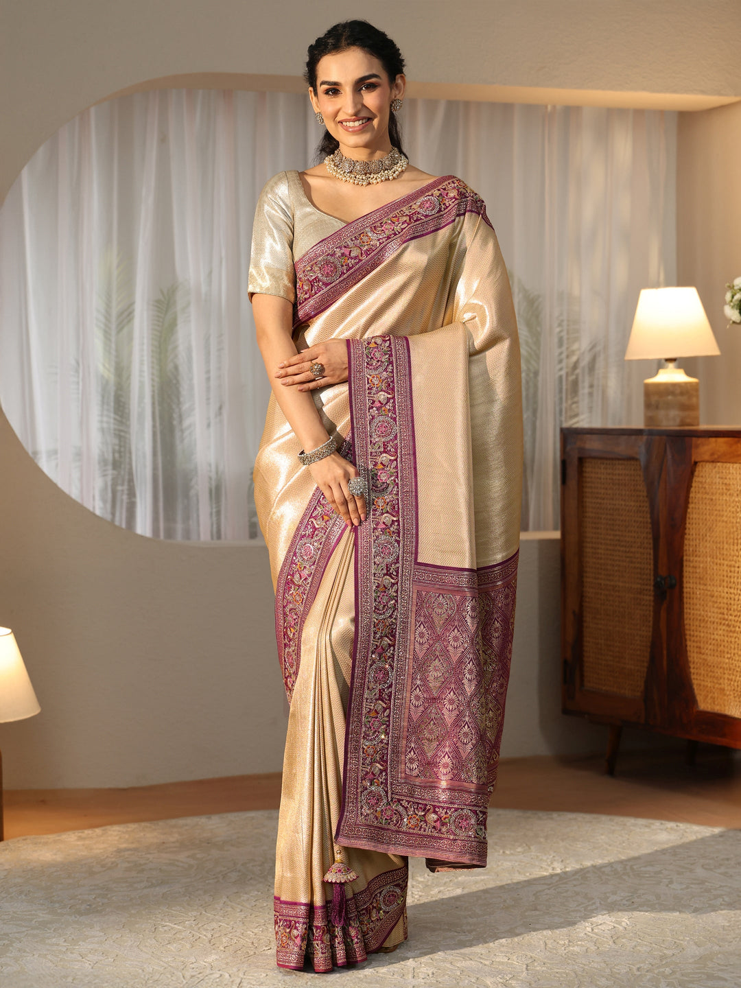  Libas Art Gold Silk Blend Saree with Embroidered Border 