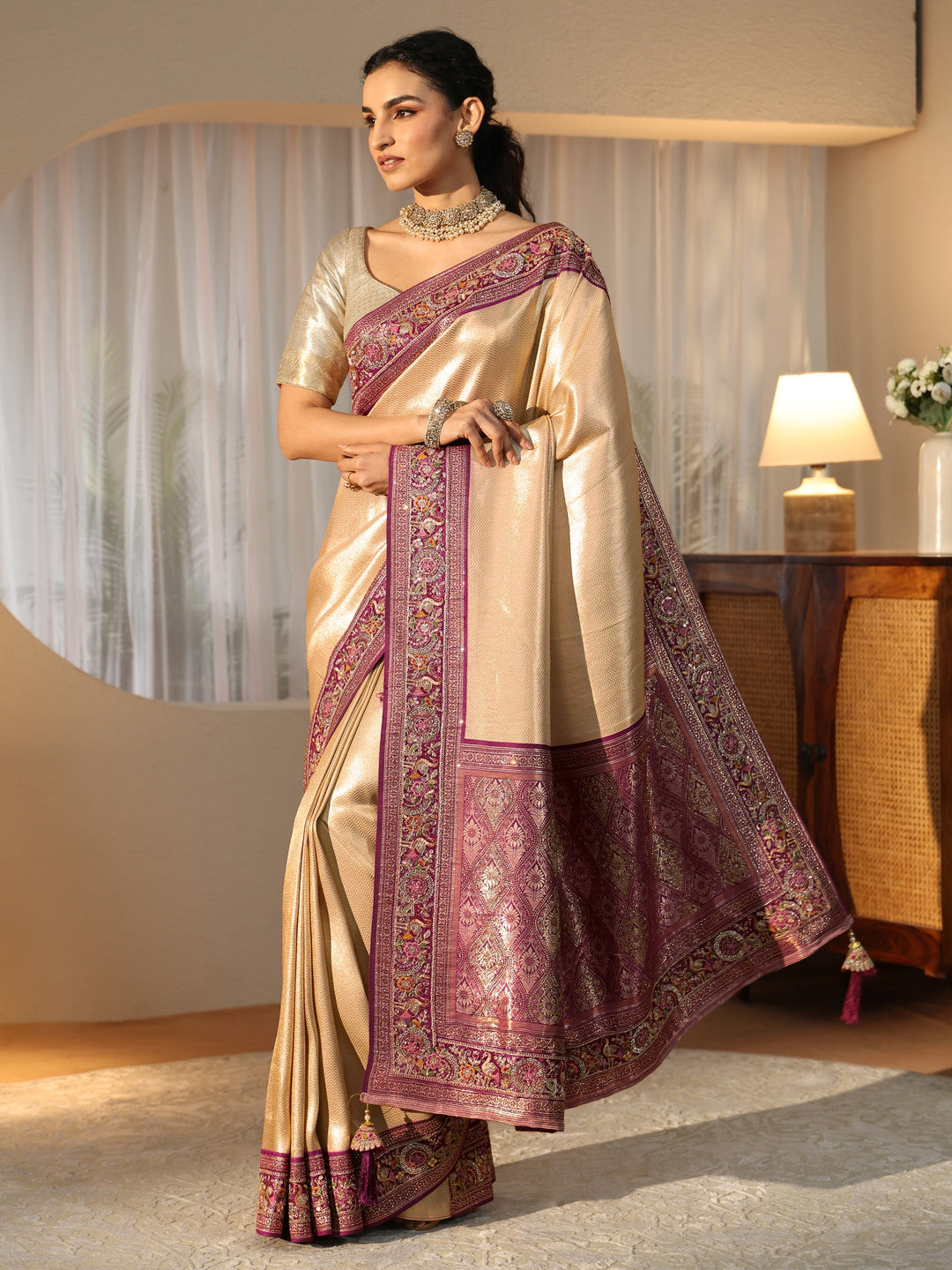  Libas Art Gold Silk Blend Saree with Embroidered Border 