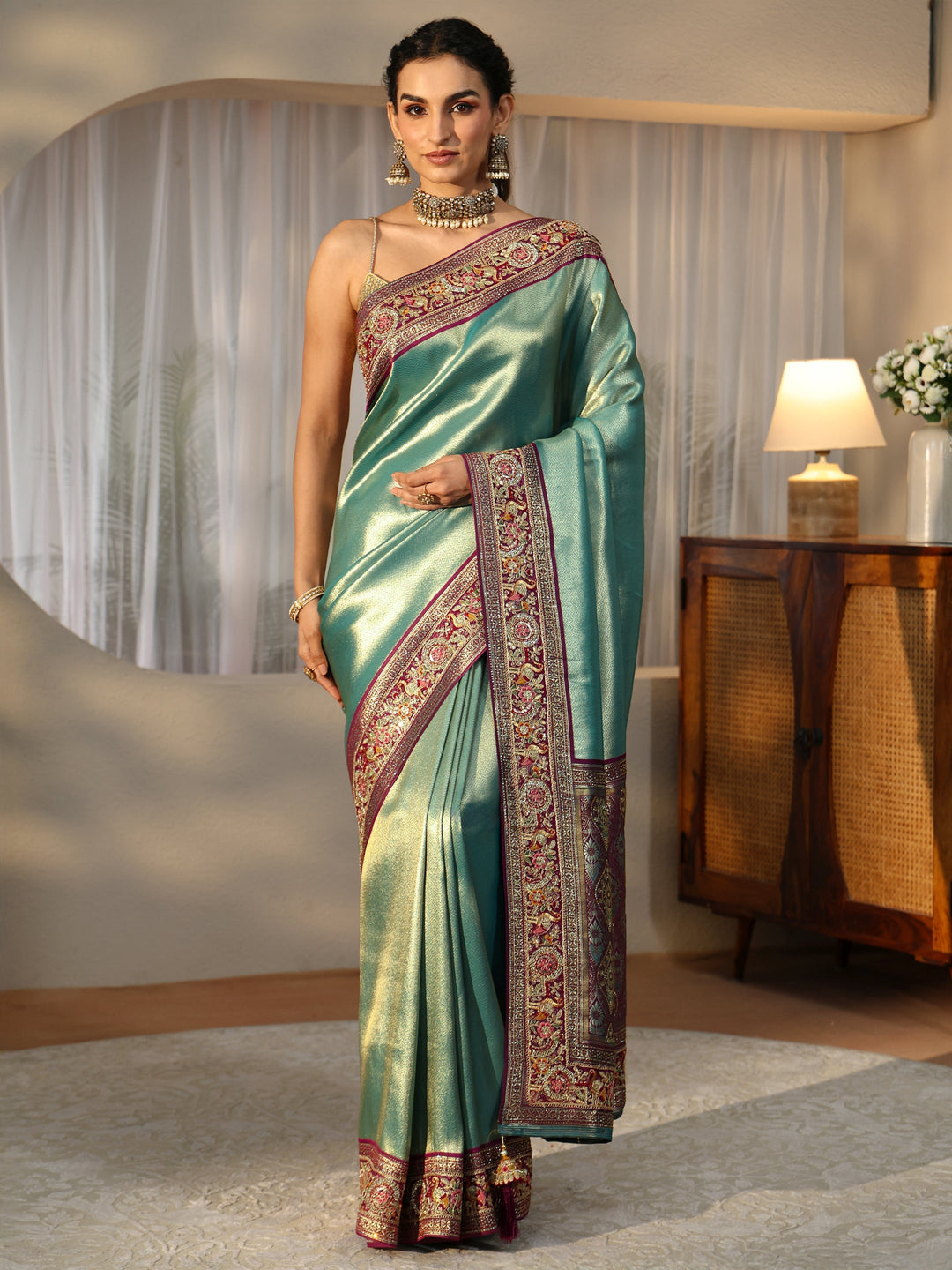  Libas Art Sea Green Silk Blend Saree with Embroidered Border 