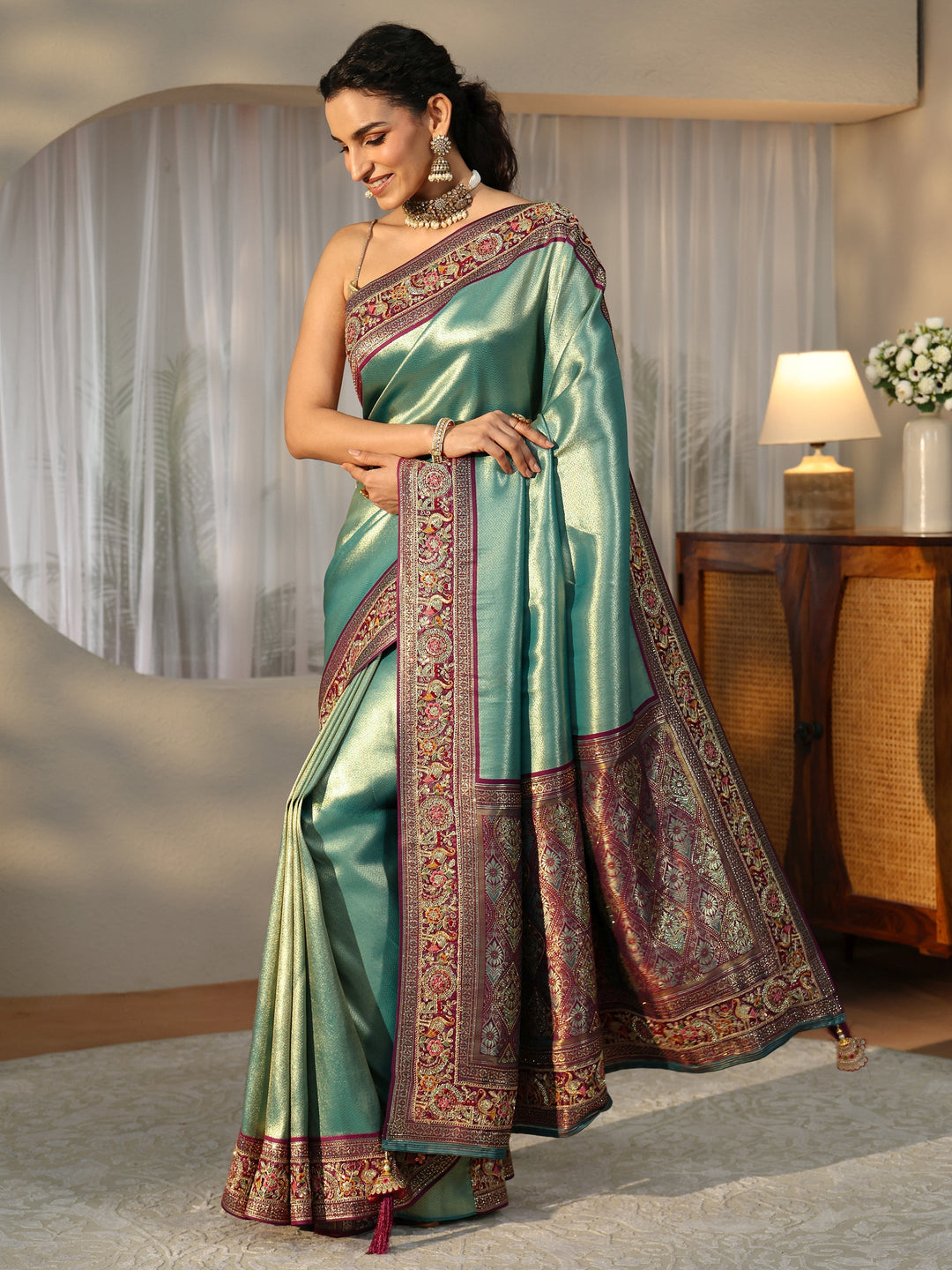 Libas Art Sea Green Silk Blend Saree with Embroidered Border 