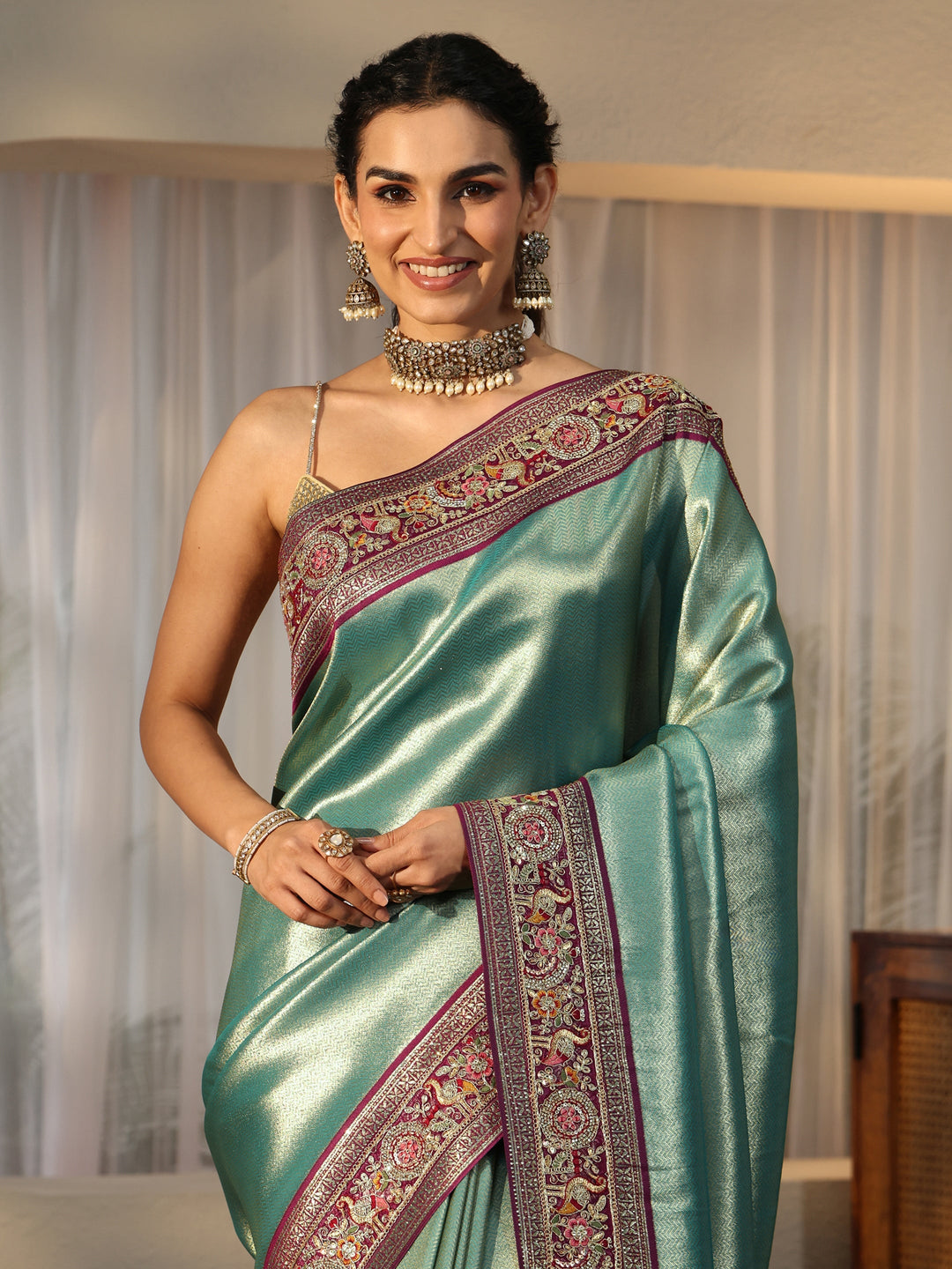  Libas Art Sea Green Silk Blend Saree with Embroidered Border 