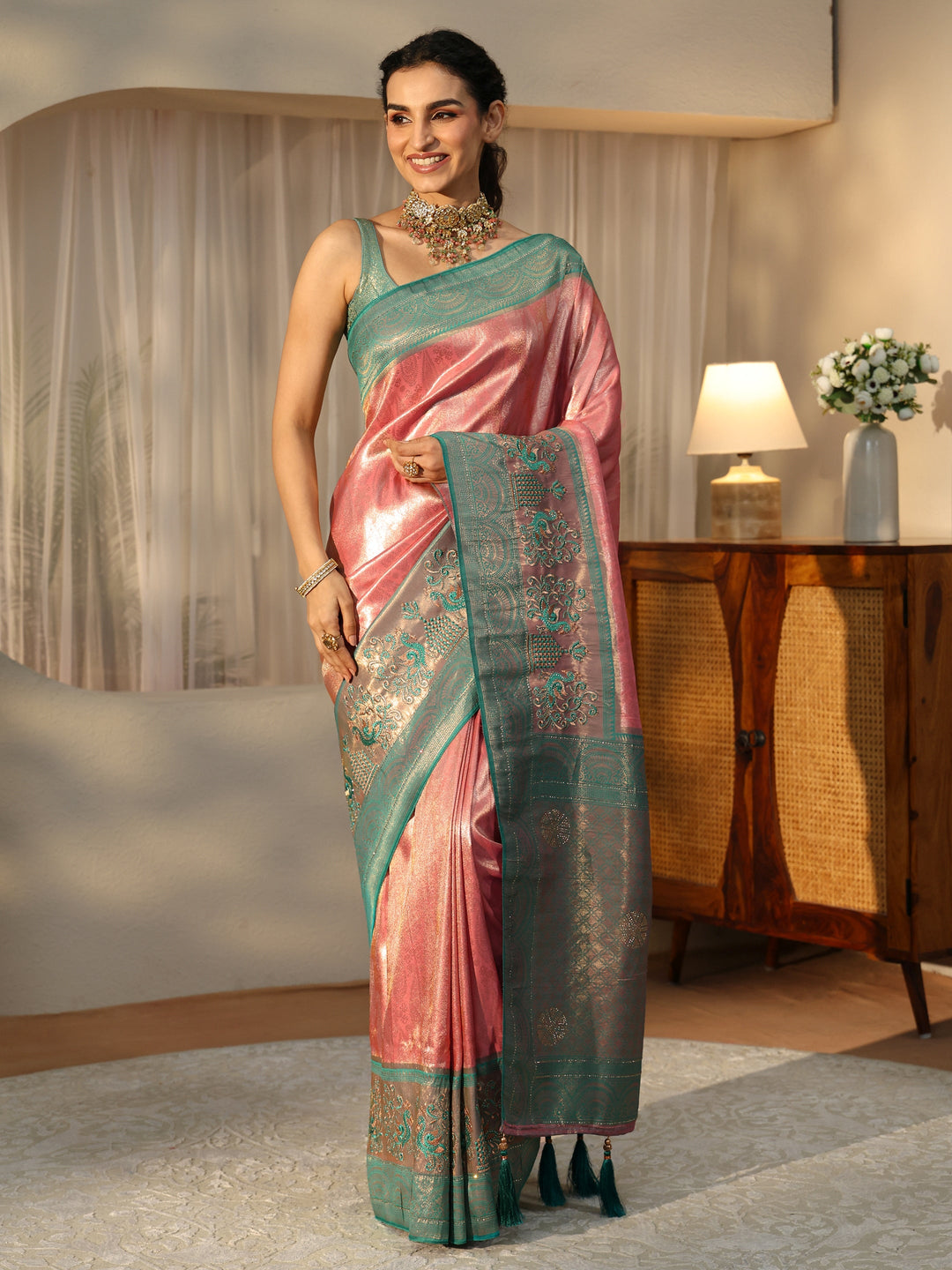  Peach Silk Blend Saree with Woven Border 
