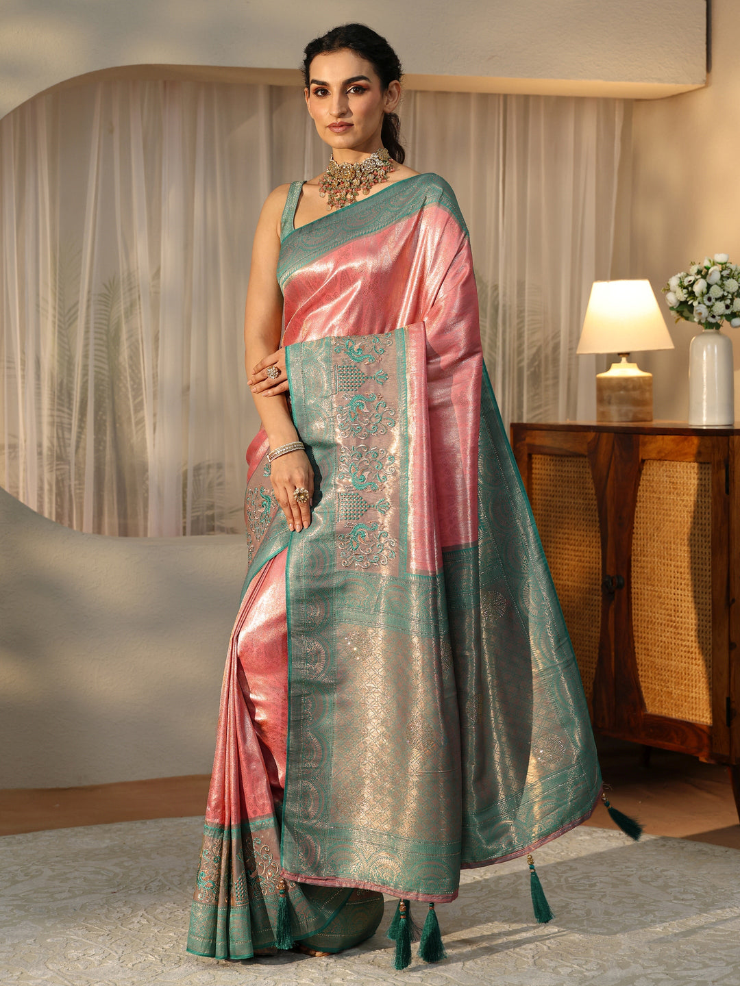  Peach Silk Blend Saree with Woven Border 