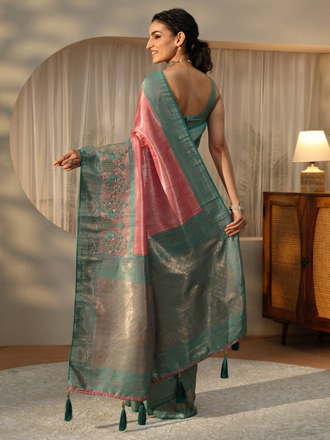  Peach Silk Blend Saree with Woven Border 