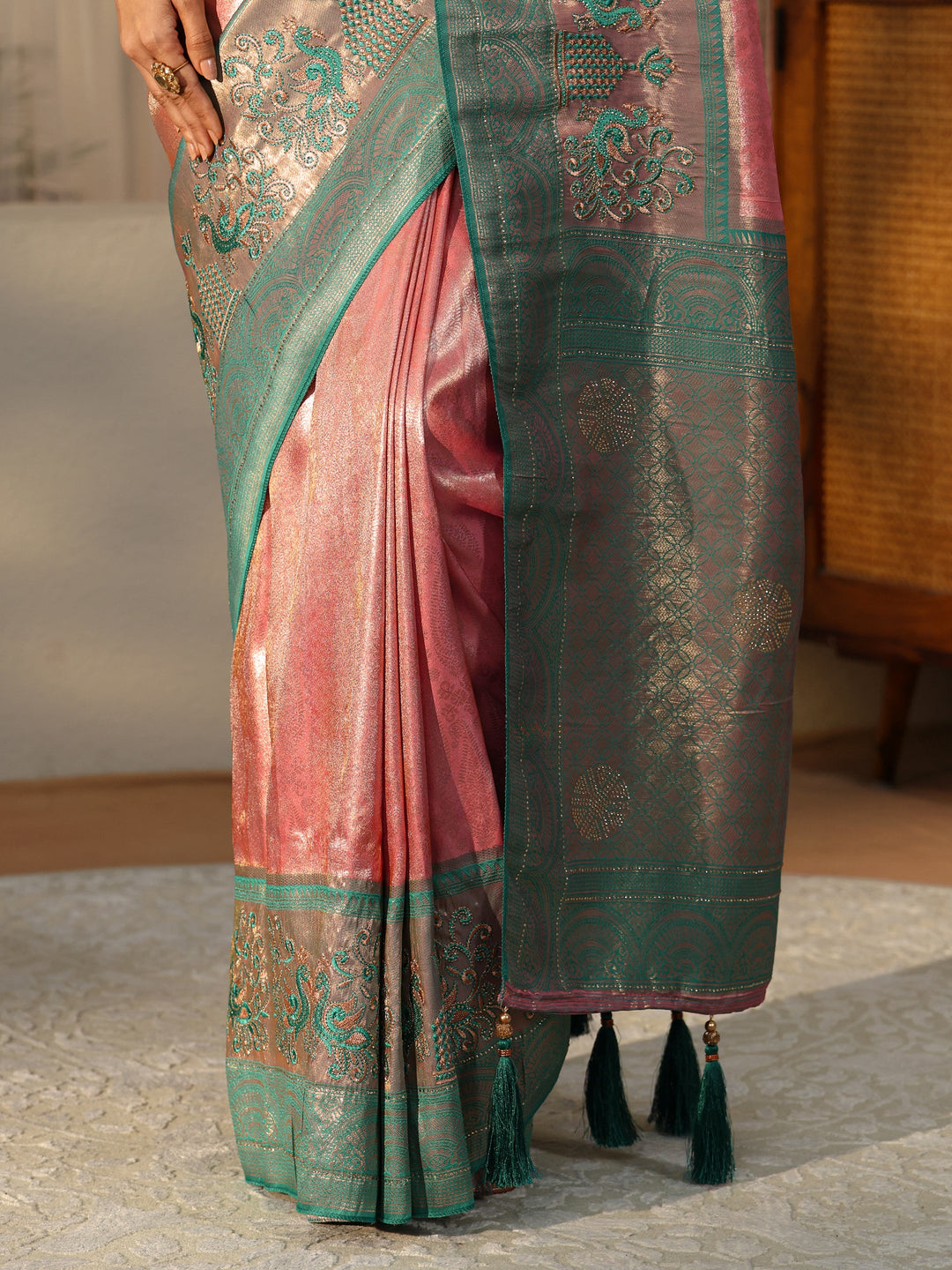  Peach Silk Blend Saree with Woven Border 