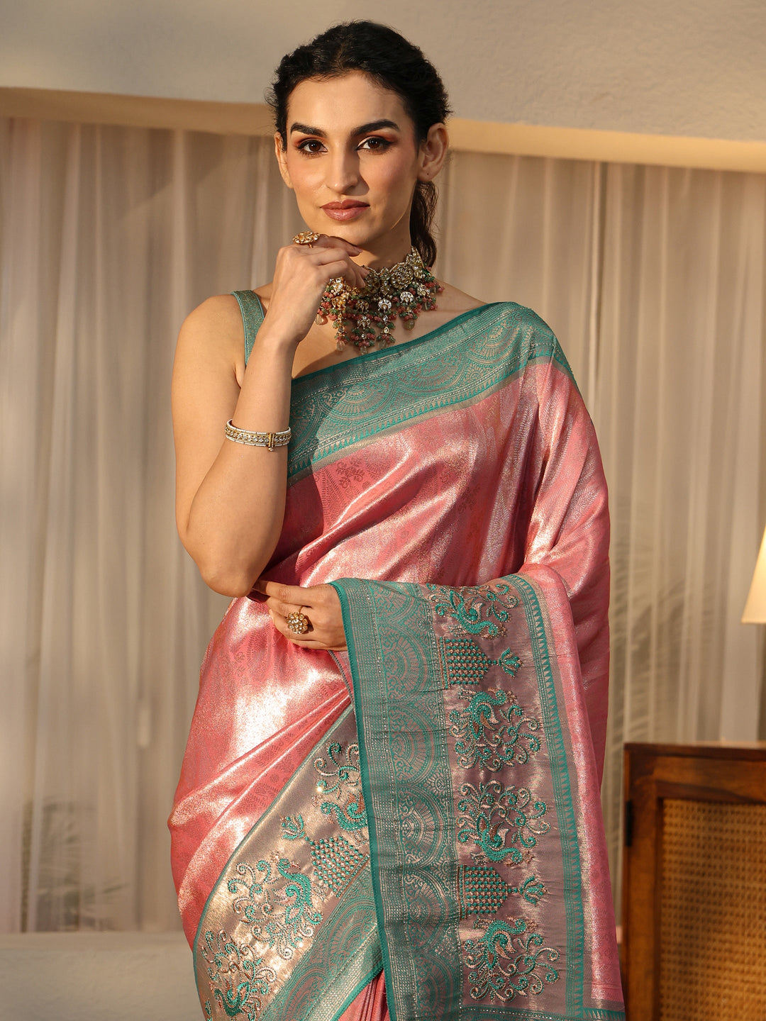  Peach Silk Blend Saree with Woven Border 