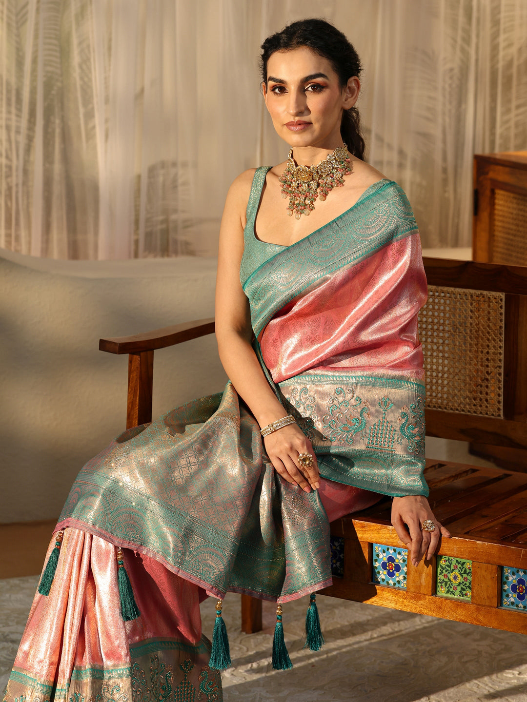  Peach Silk Blend Saree with Woven Border 