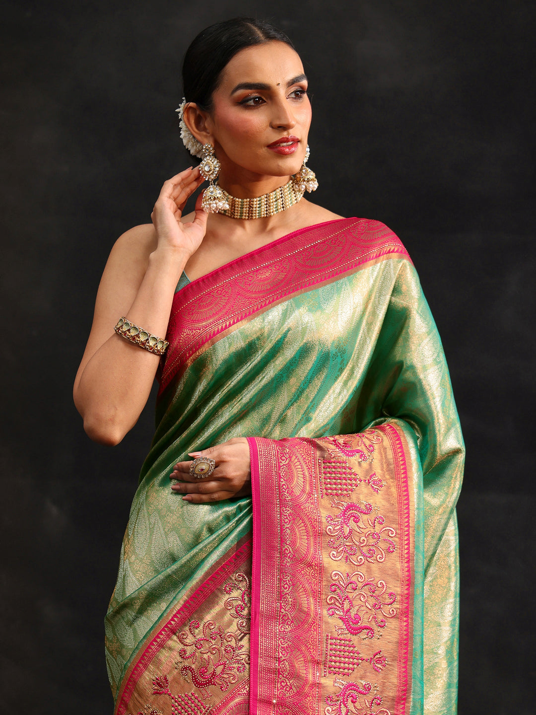  Libas Sea Green Woven Design Silk Blend Saree 