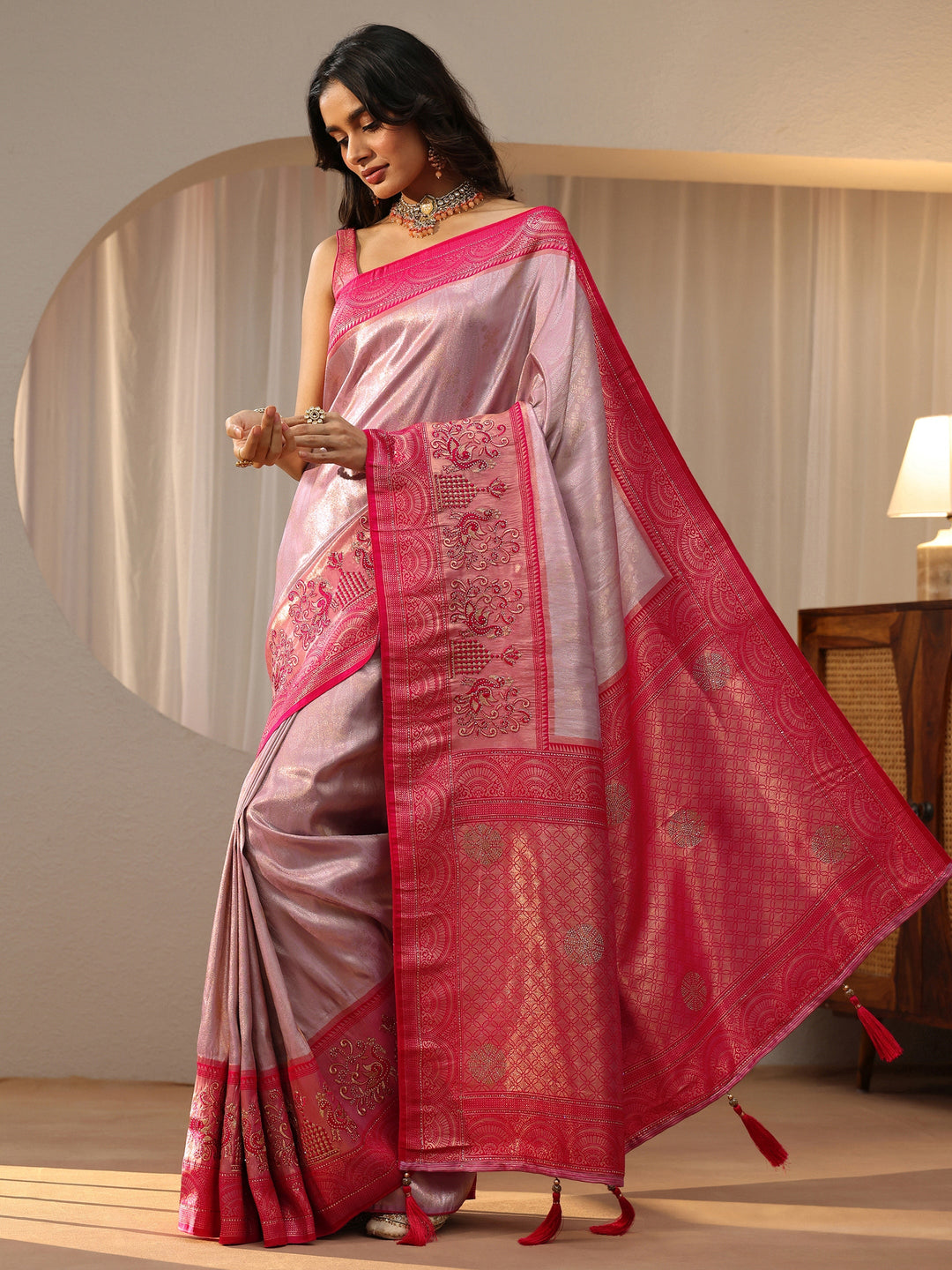  Lavender Silk Blend Saree with Woven Border 