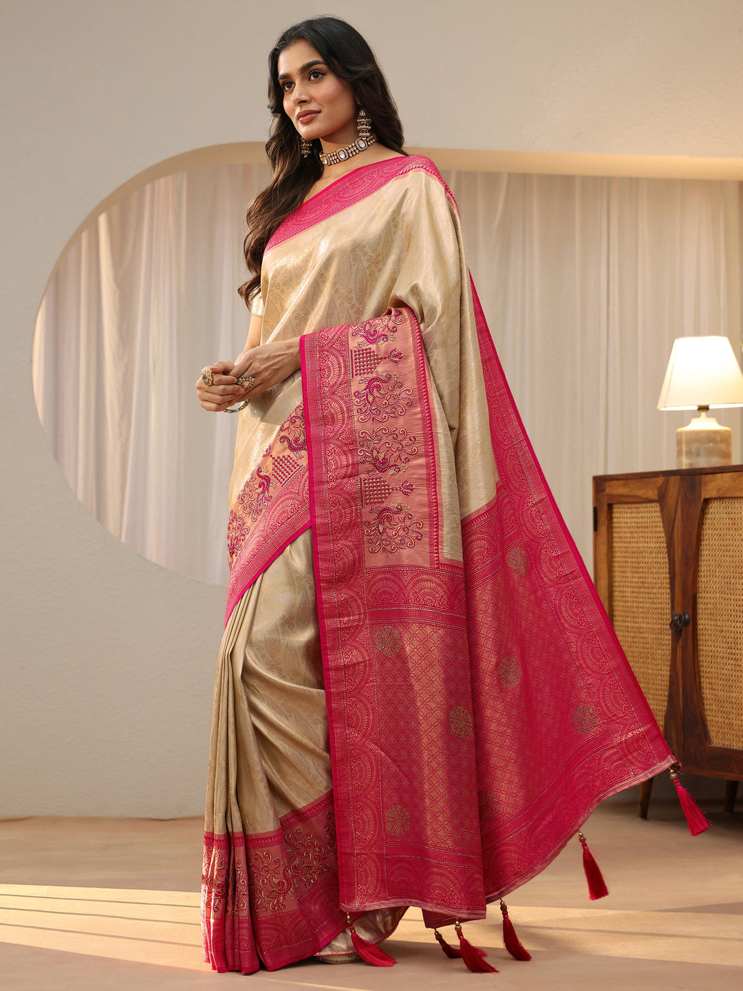  Gold Silk Blend Saree with Woven Border 