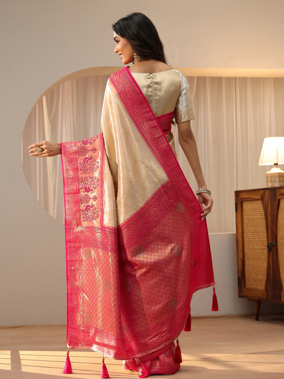  Gold Silk Blend Saree with Woven Border 