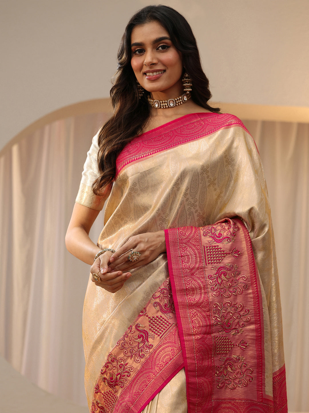  Gold Silk Blend Saree with Woven Border 