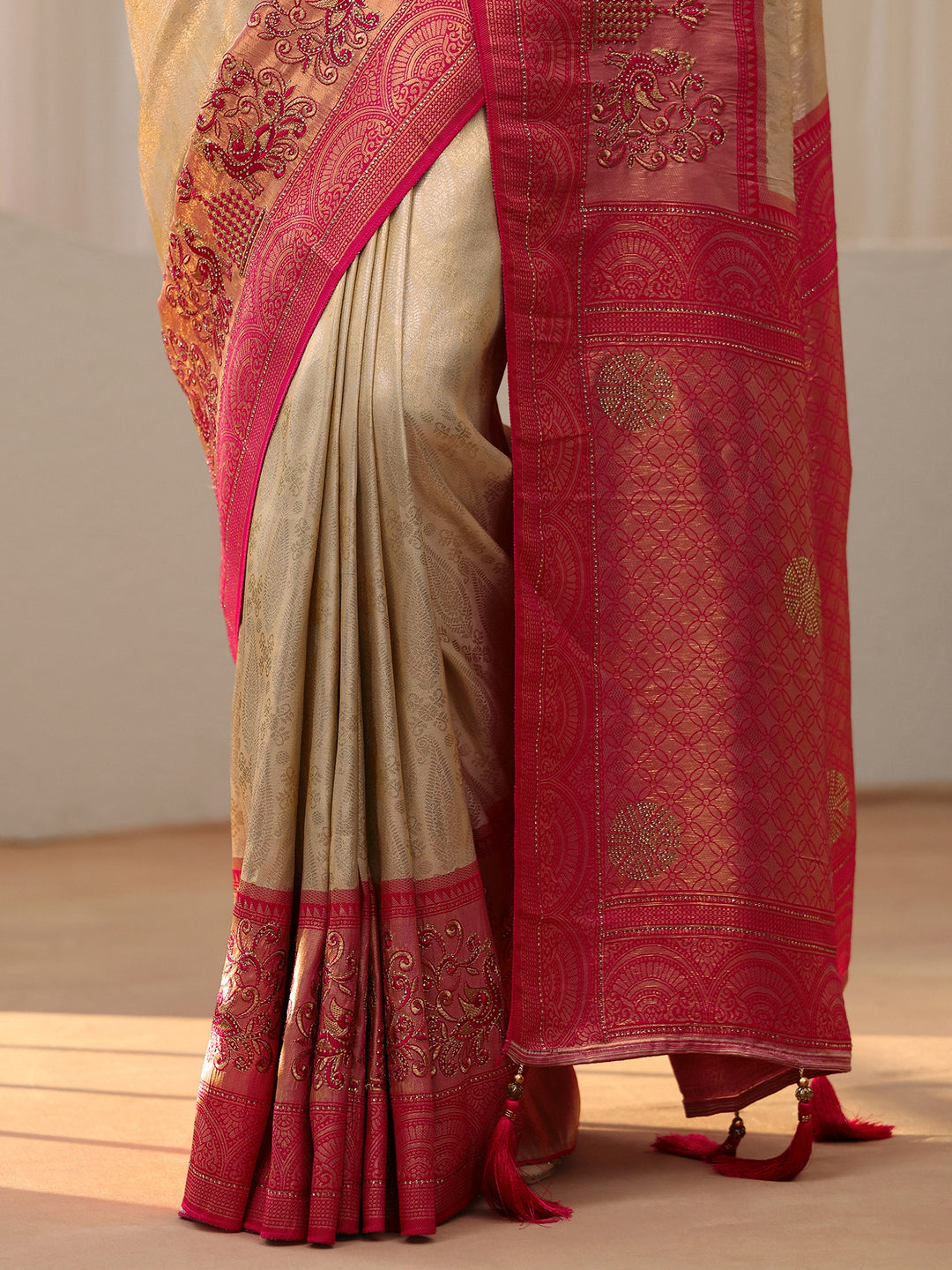  Gold Silk Blend Saree with Woven Border 
