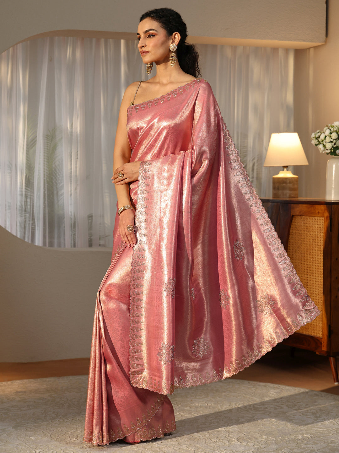  Peach Silk Blend Saree with Embellished Border 