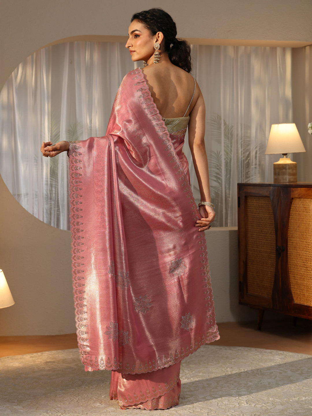  Peach Silk Blend Saree with Embellished Border 