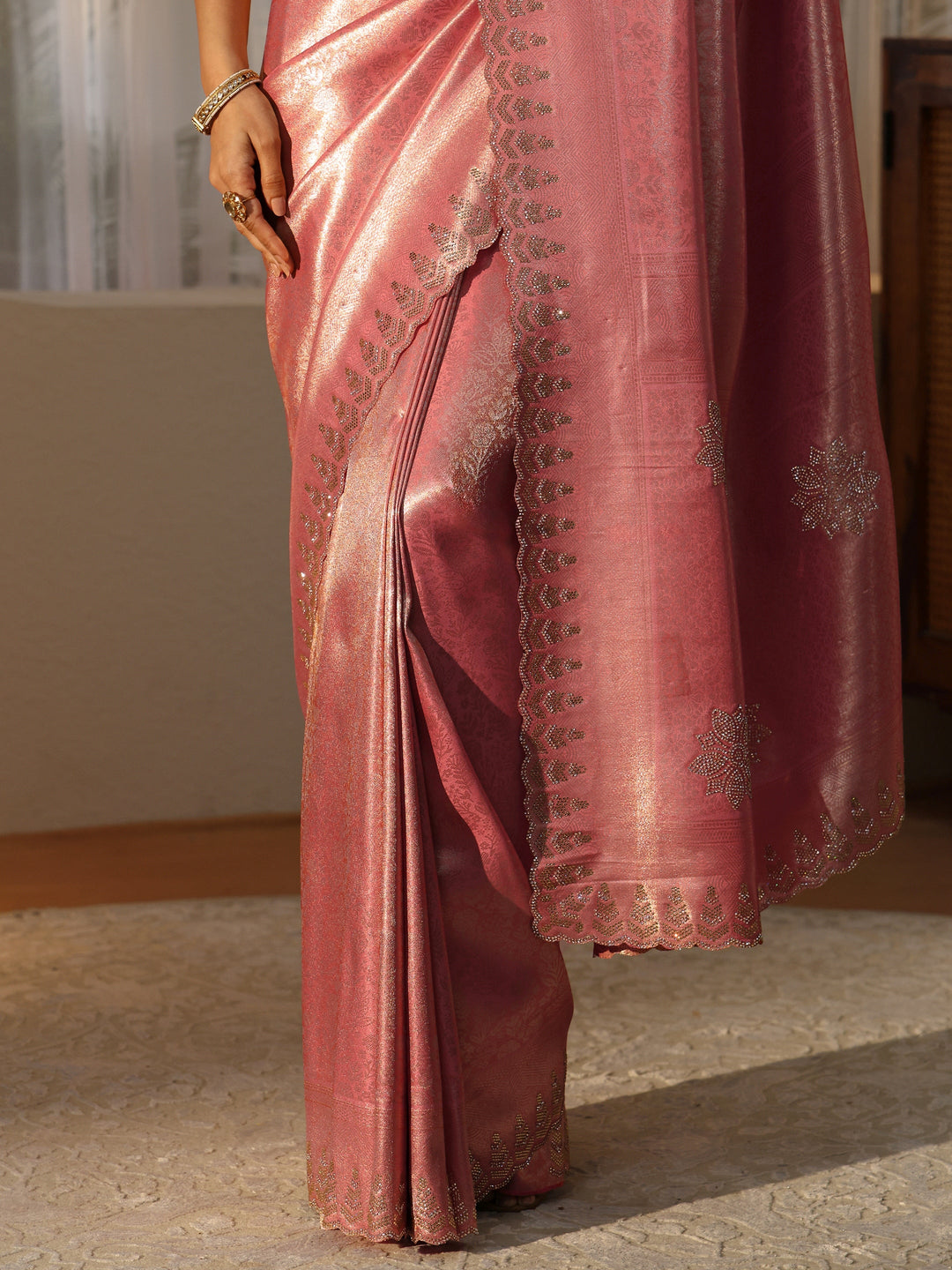  Peach Silk Blend Saree with Embellished Border 