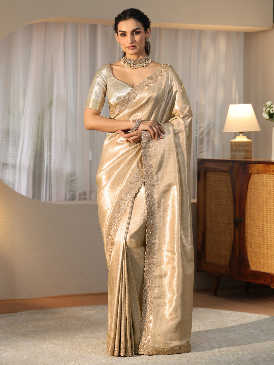  Gold Silk Blend Saree with Embellished Border 