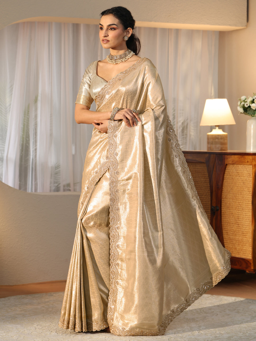  Gold Silk Blend Saree with Embellished Border 