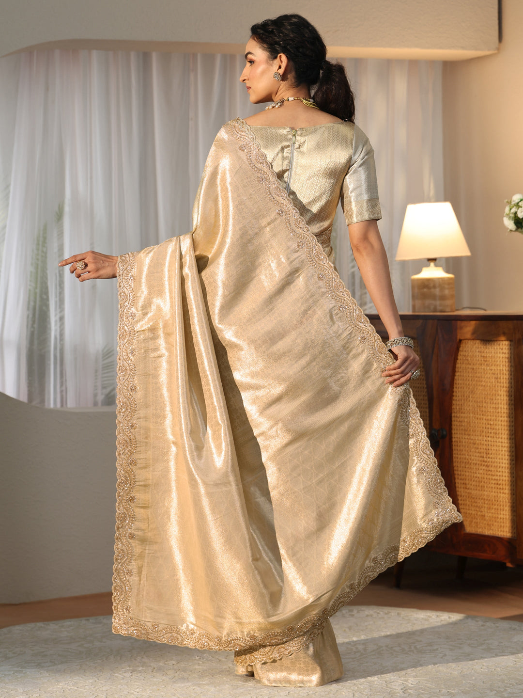  Gold Silk Blend Saree with Embellished Border 