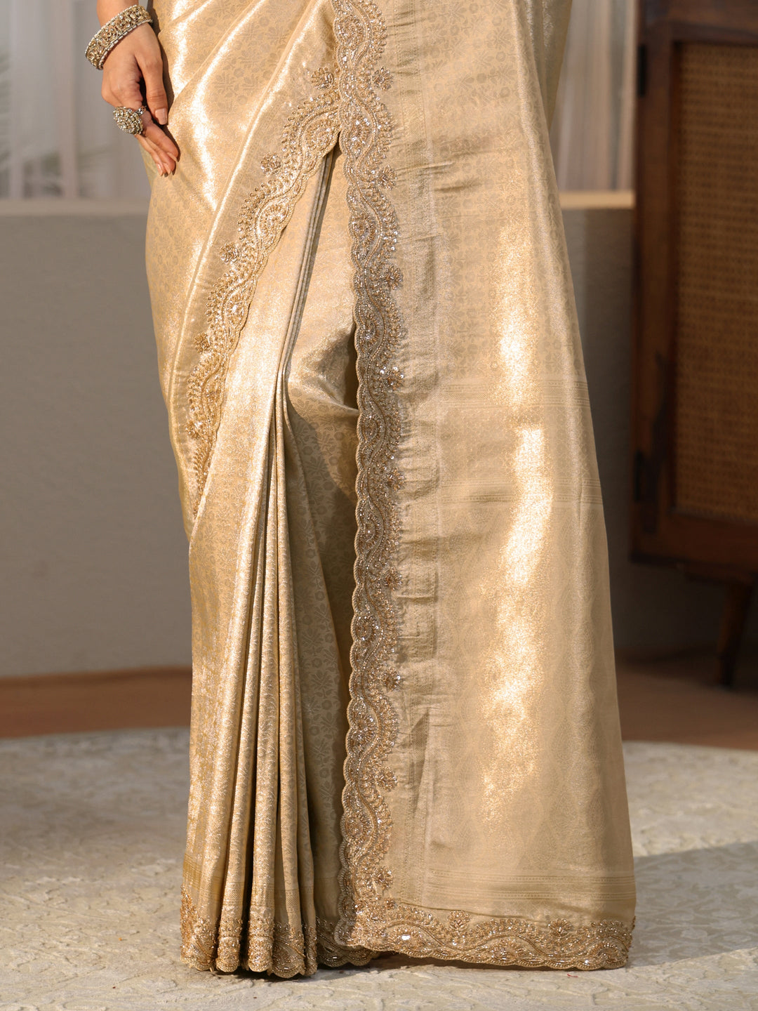  Gold Silk Blend Saree with Embellished Border 
