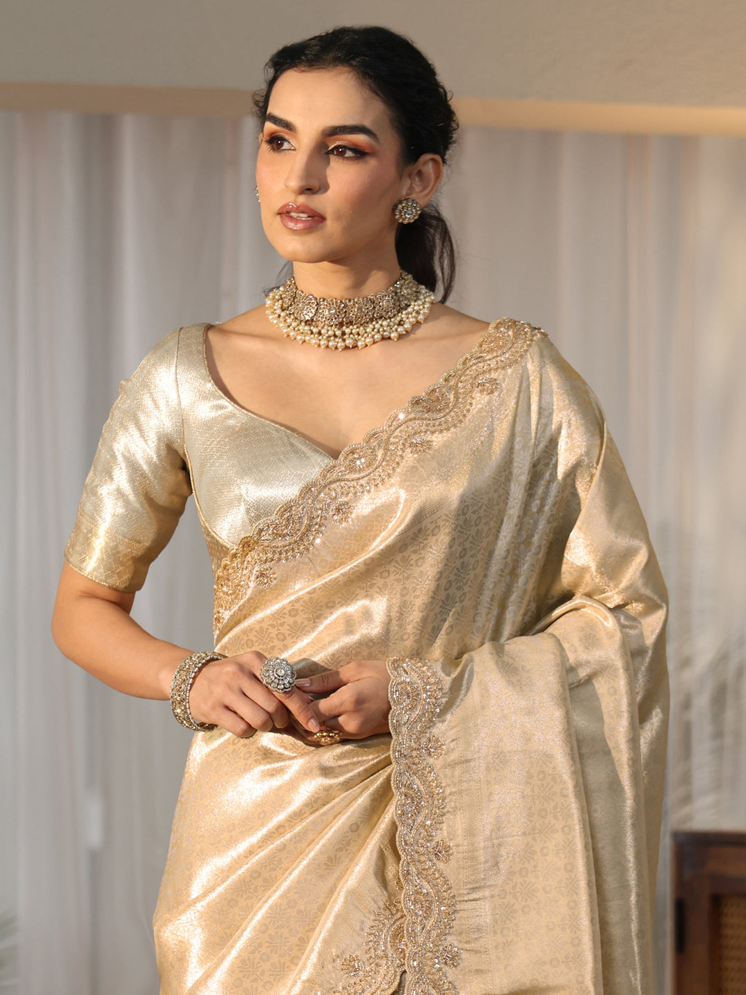  Gold Silk Blend Saree with Embellished Border 